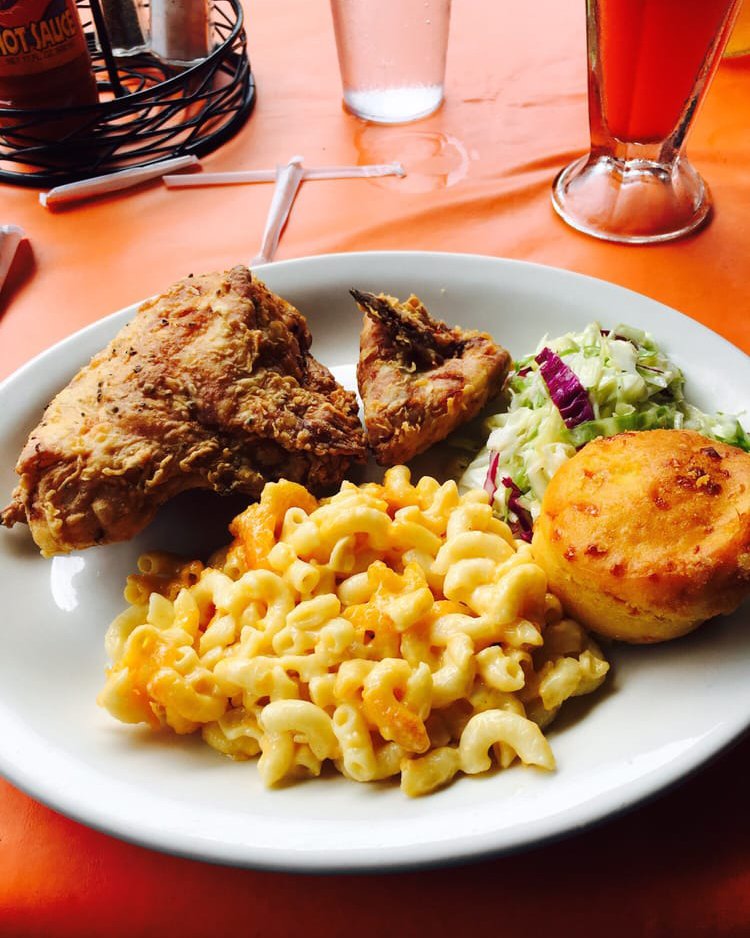 Fried chicken, macaroni and cheese, cole slaw, and corn bread