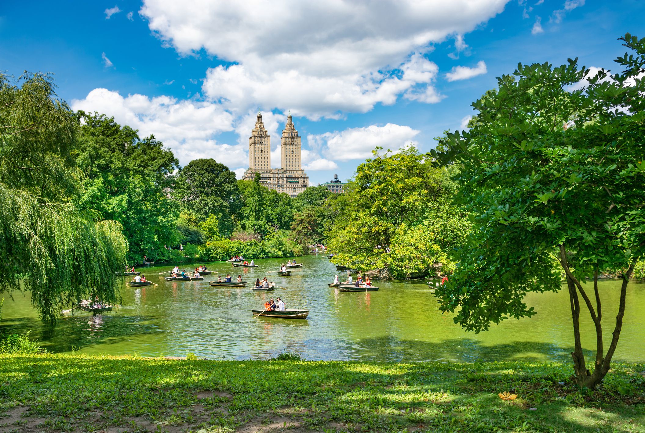 Beautiful lake with raw boats in Central Park, New York City
