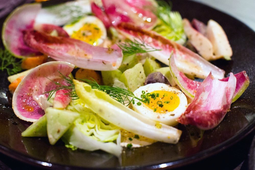 pickled greens and eggs at Roister in Chicago