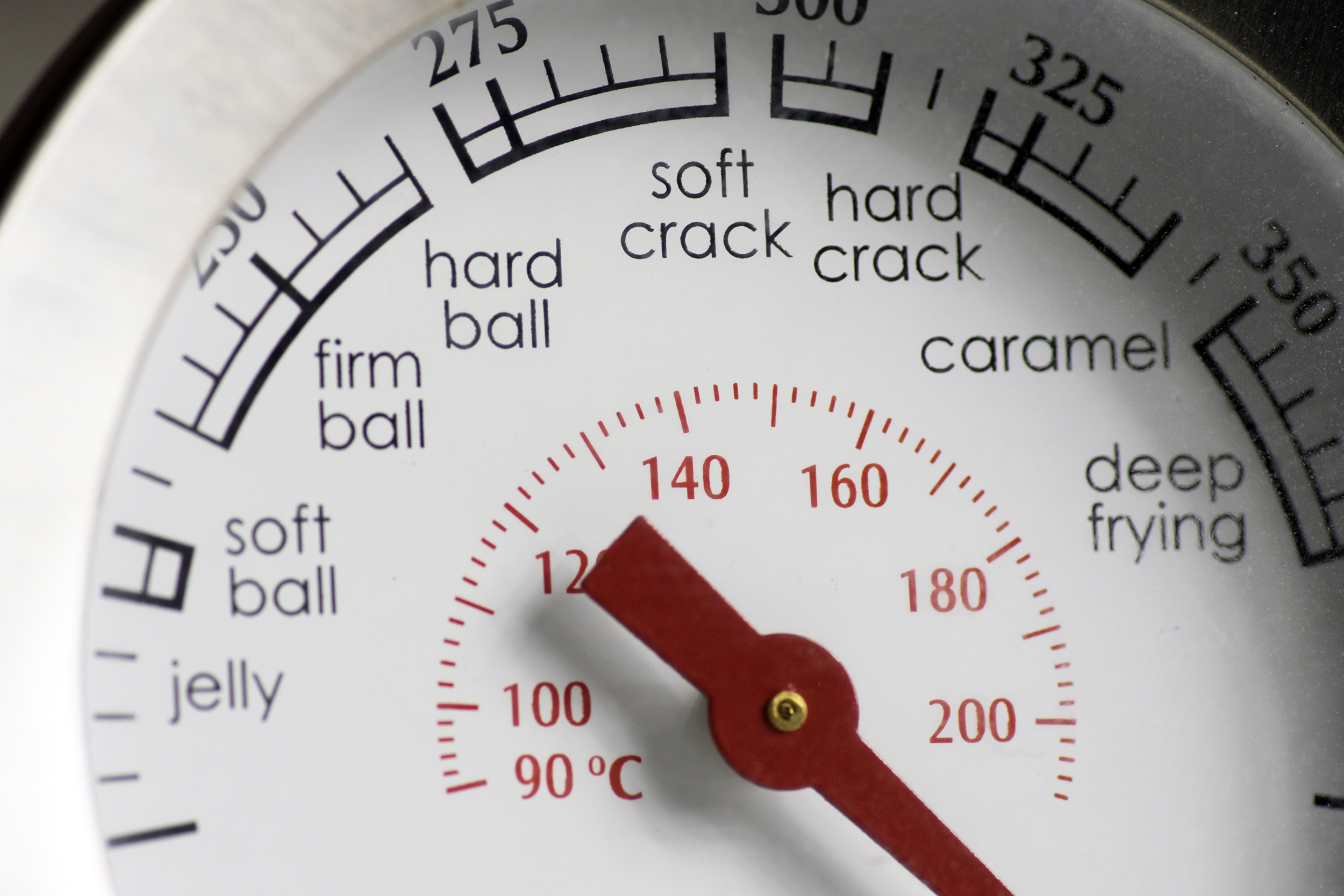 Close-up of crack stages on a candy thermometer