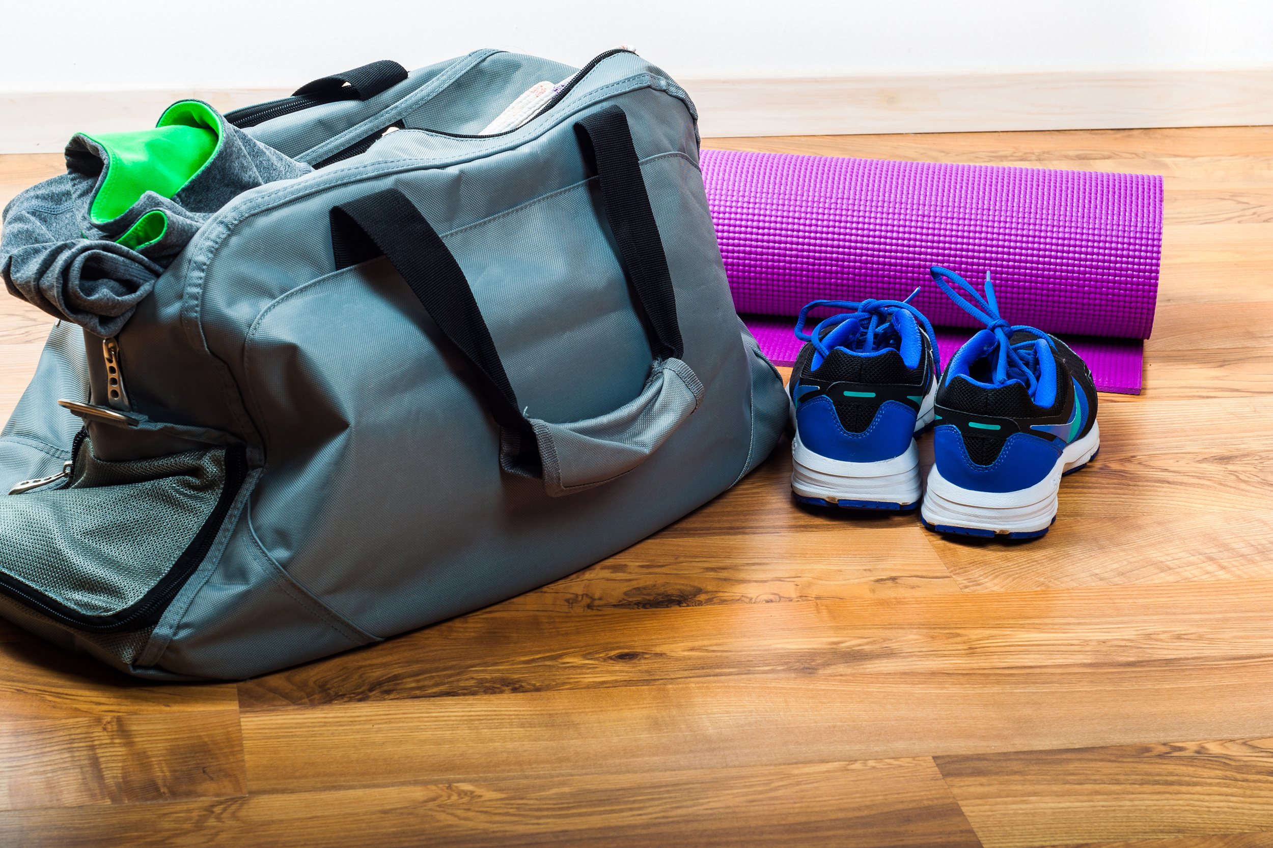 Gym bag, athletic shoes, and yoga mat