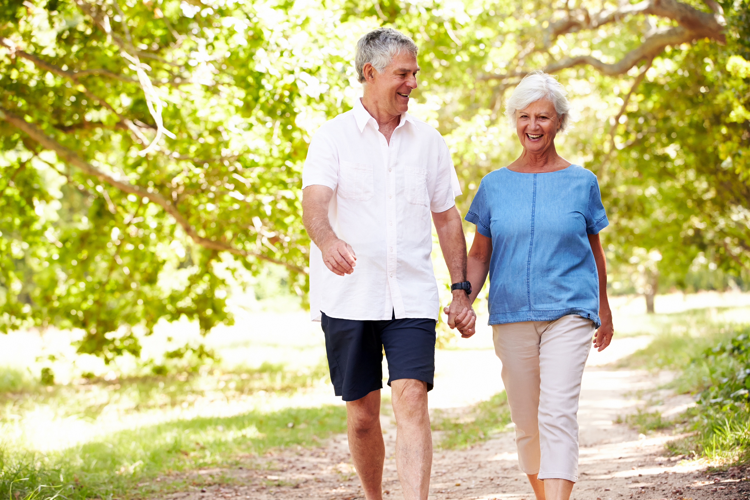 Elderly couple taking a walk outside in the park