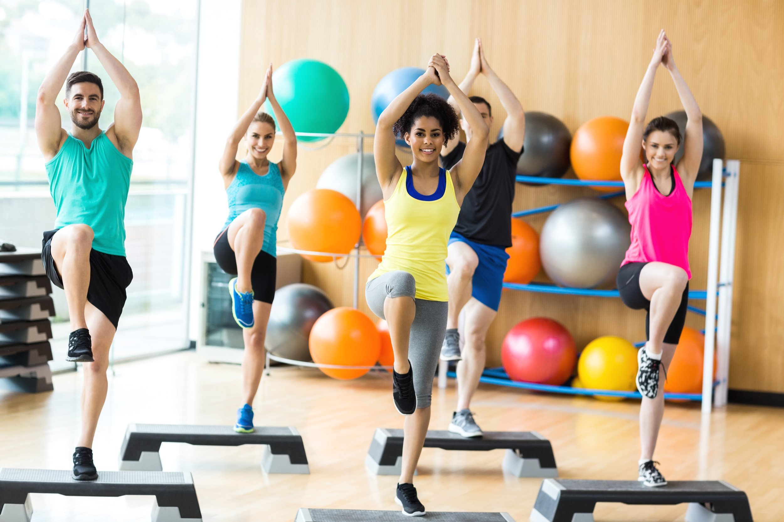fitness class exercising in the studio at the gym