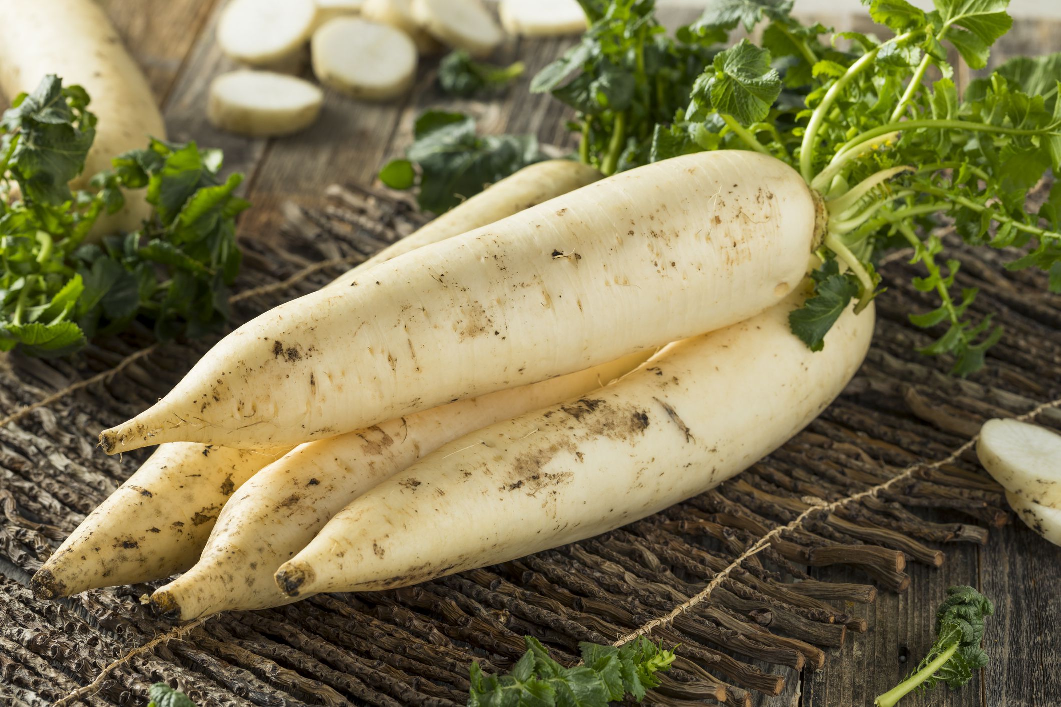 Raw Organic White Daikon with Green Leaves