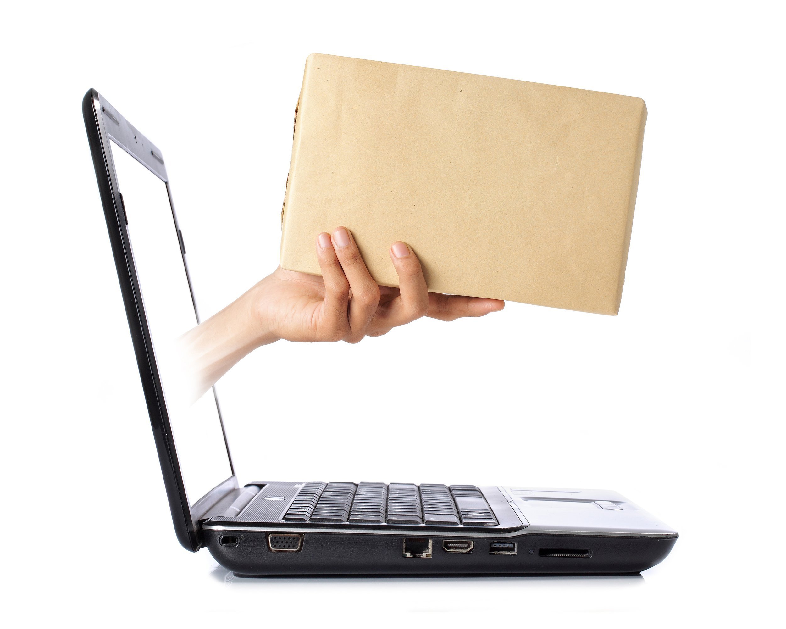 hand giving a box out of laptop screen