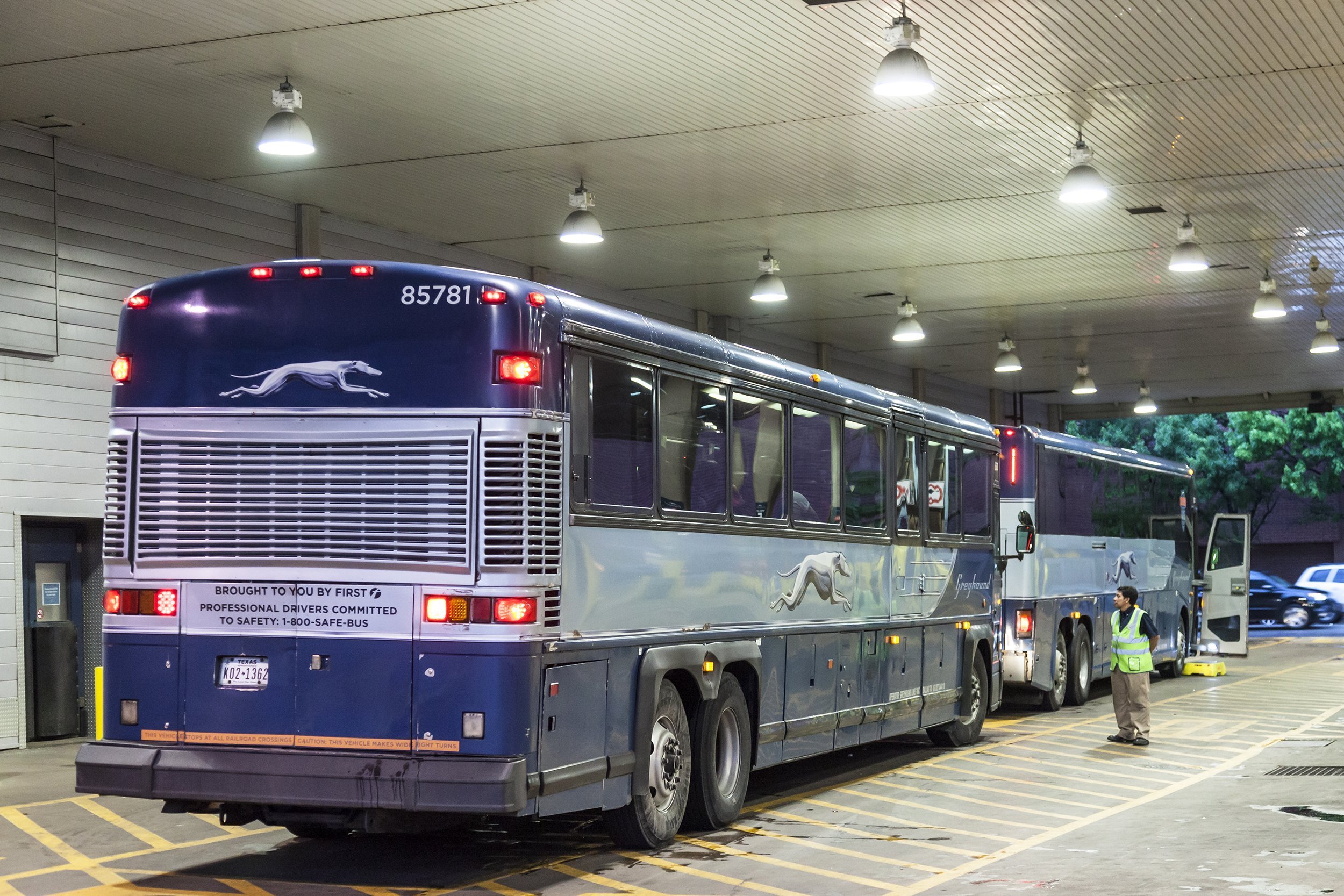 Greyhound buses at the terminal in Dallas downtown