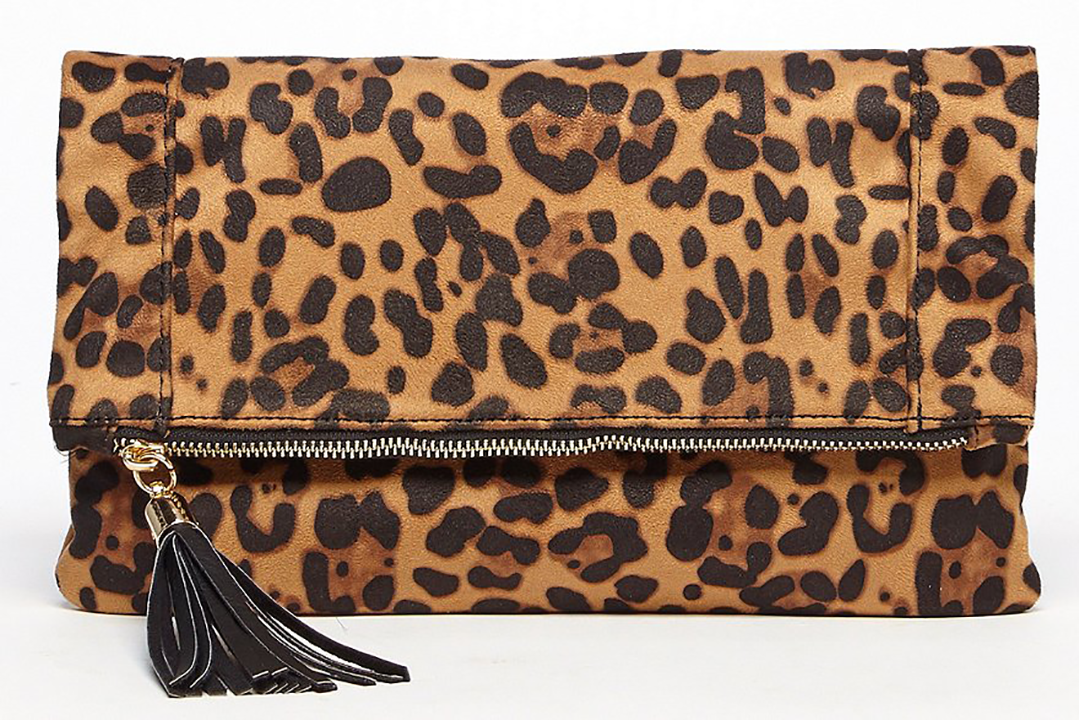 TASIA TASSELED LEOPARD FOLDOVER CLUTCH
