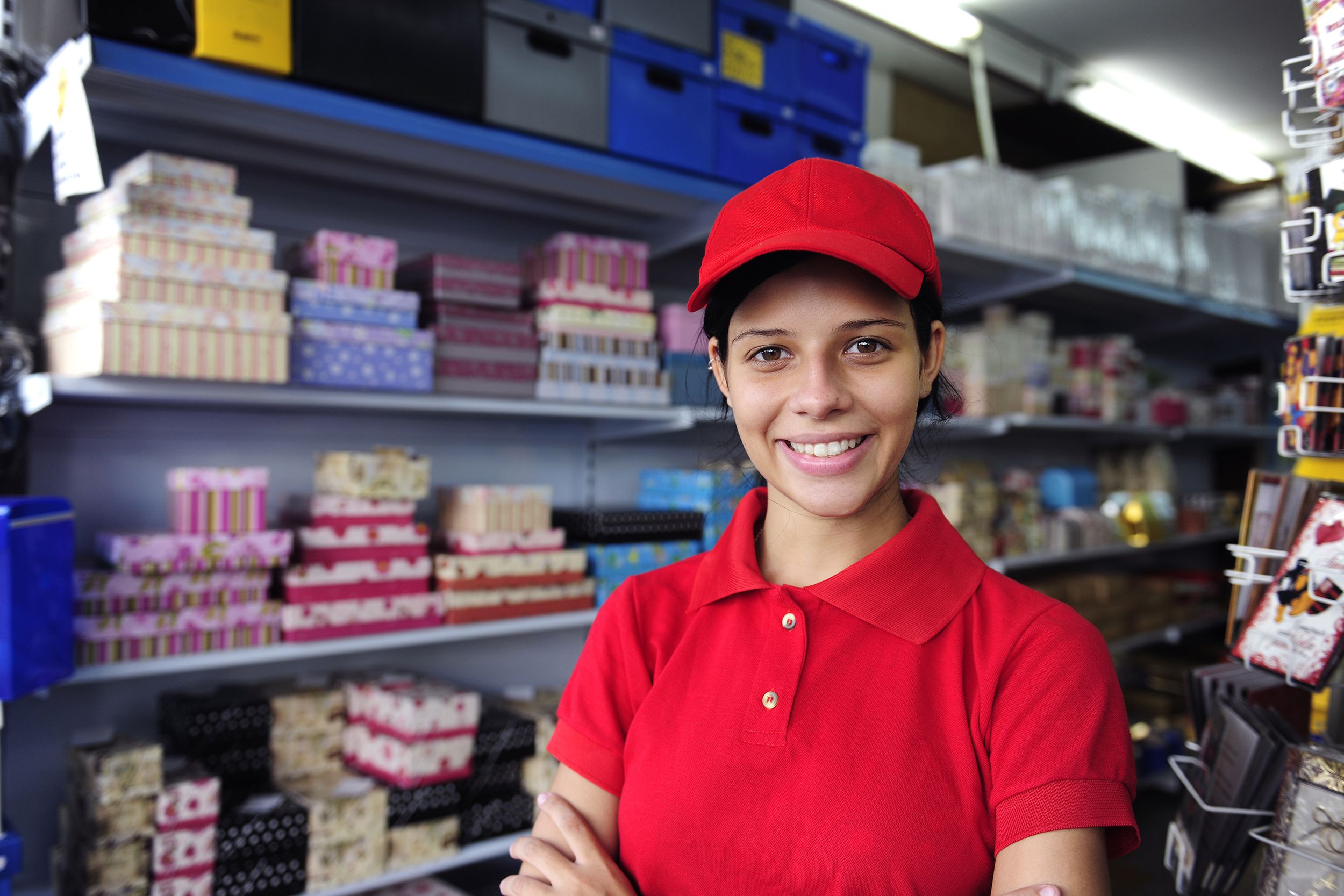 young woman working in a gift box store