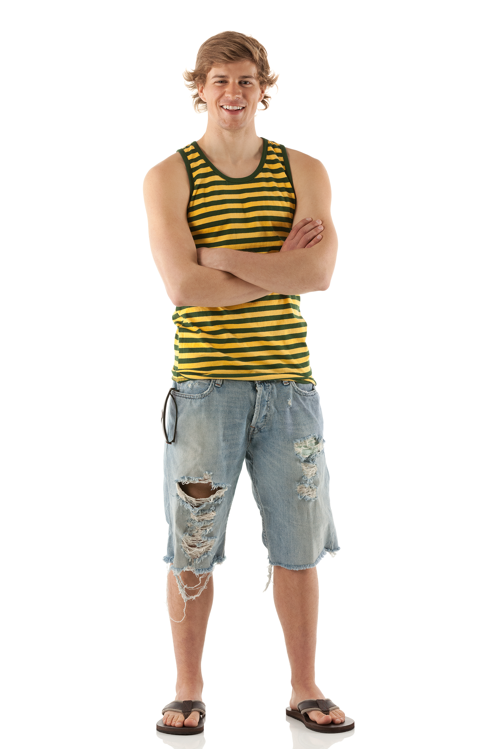 Teenager wearing a tank top and ripped shorts