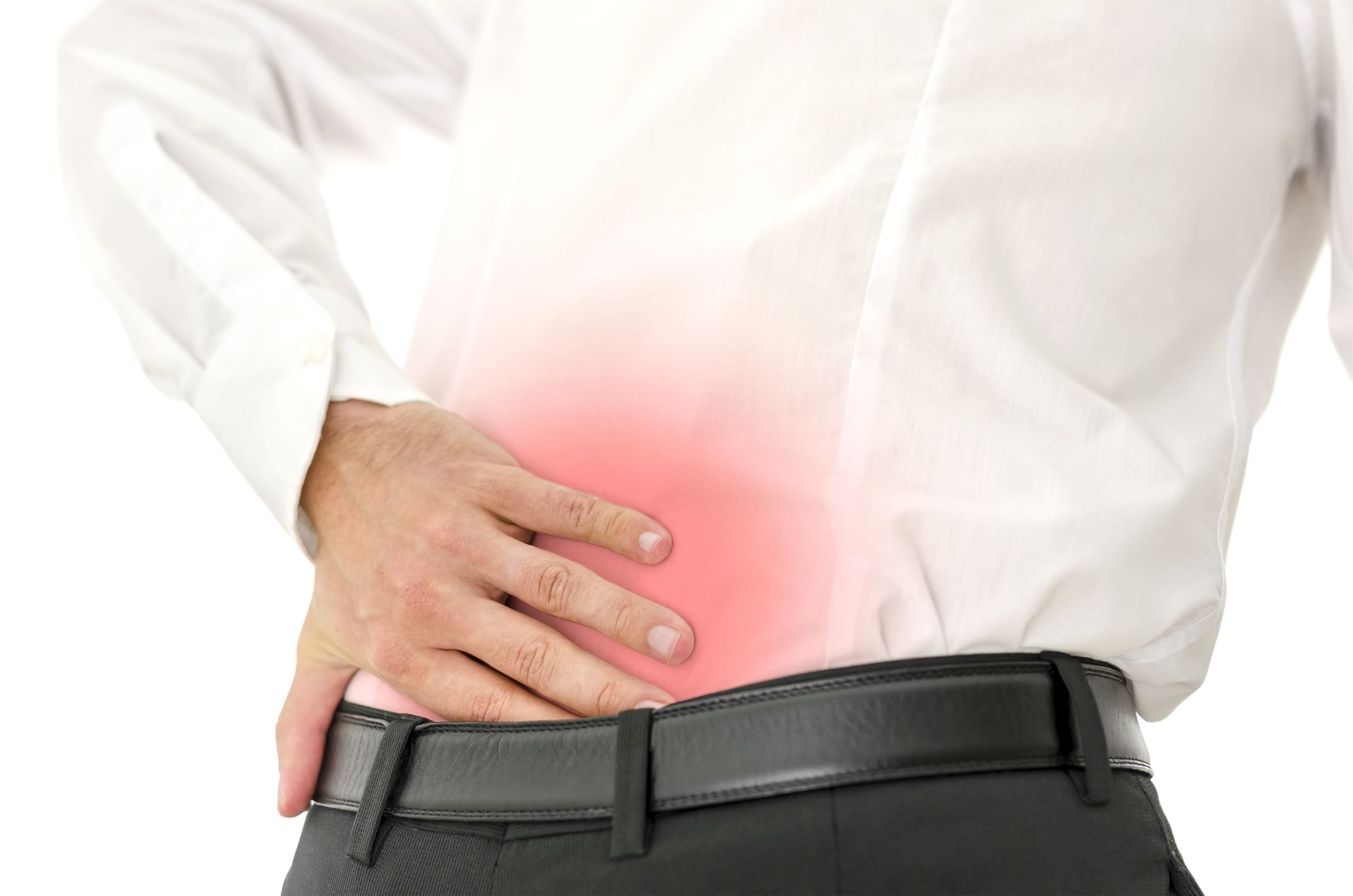 man with lower back pain in red