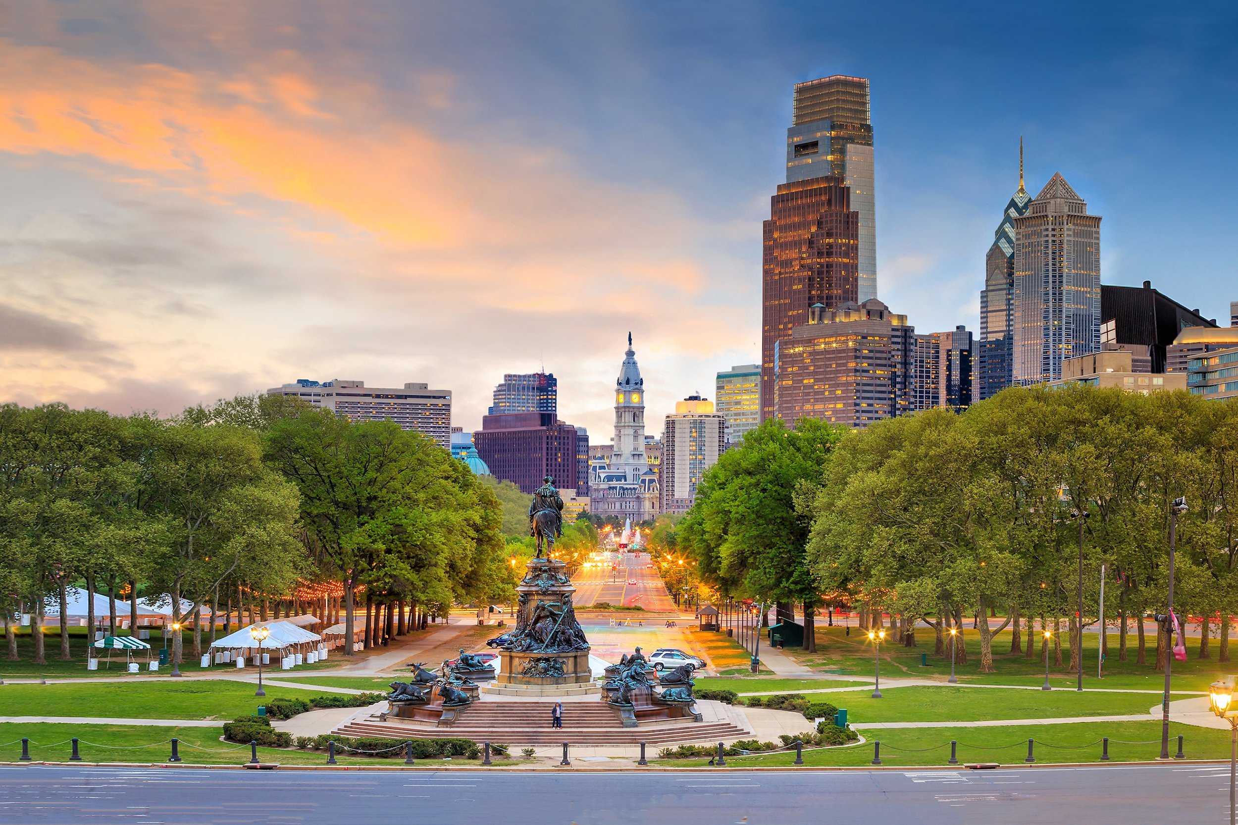 beautiful Philadelphia downtown skyline at sunset