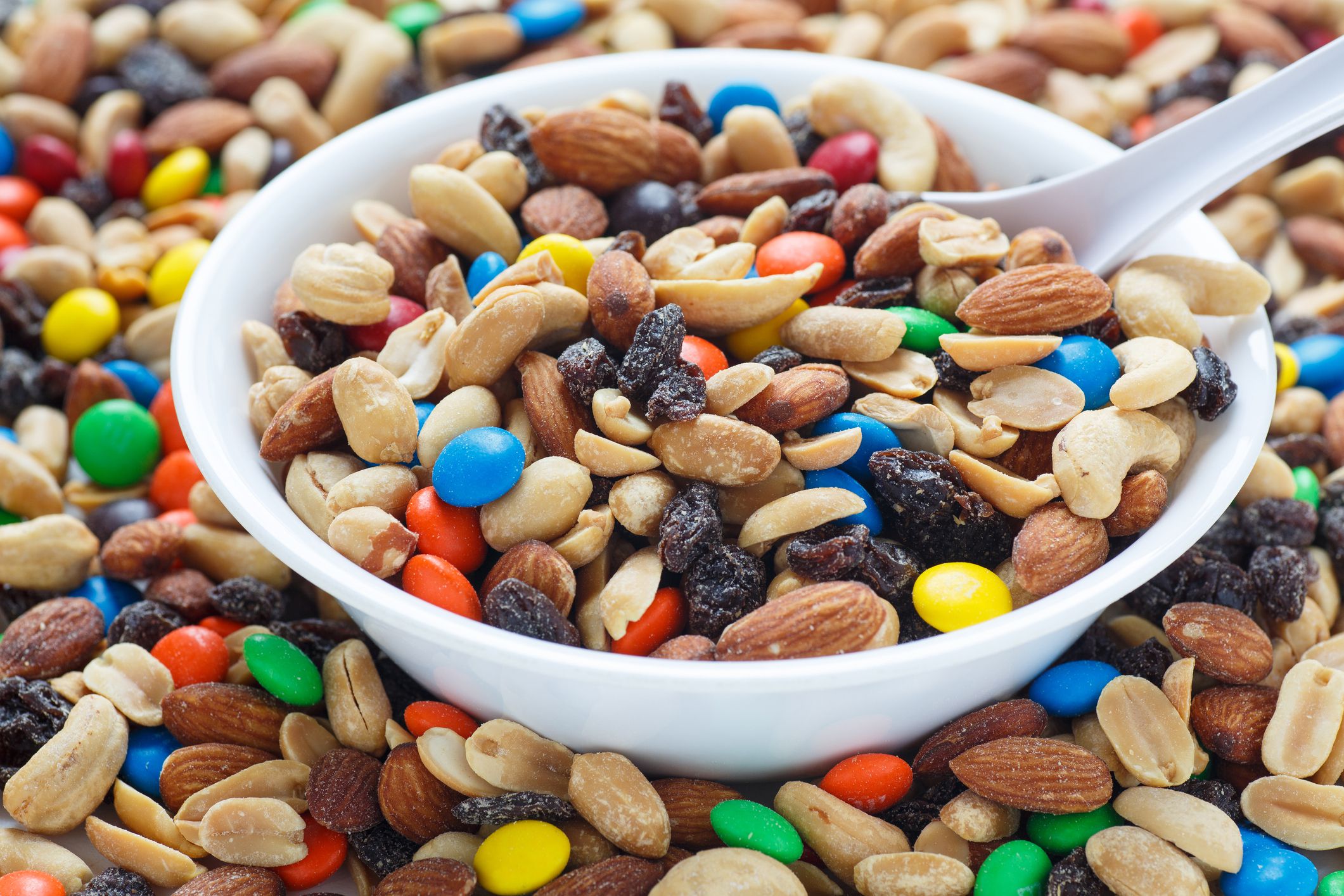 trail mix in white bowl