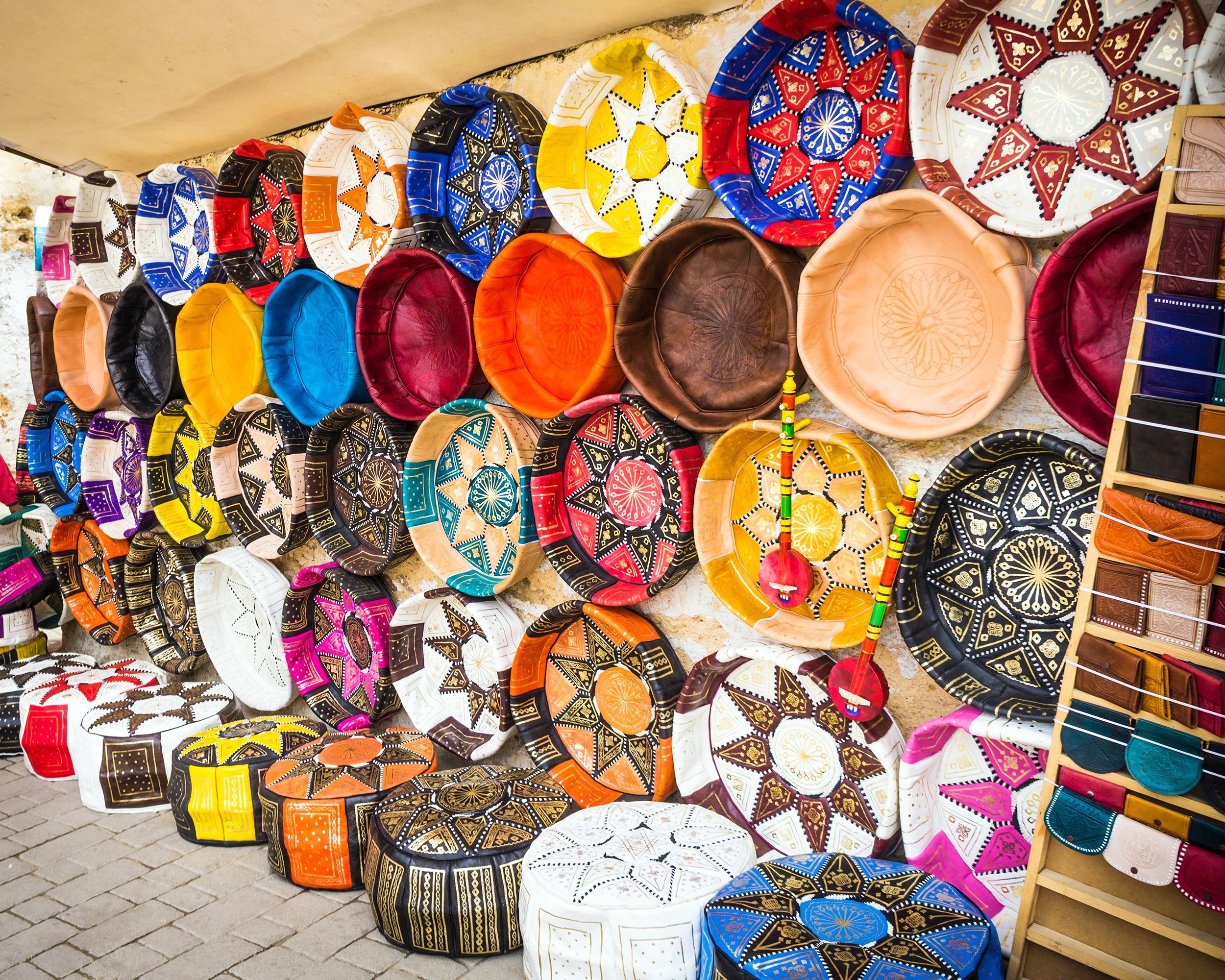 artisan shop of colorful moroccan leather in Fez, Morocco