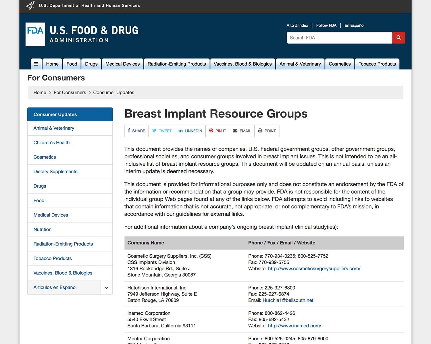 FDA Breast Implant Resource Guide Website
