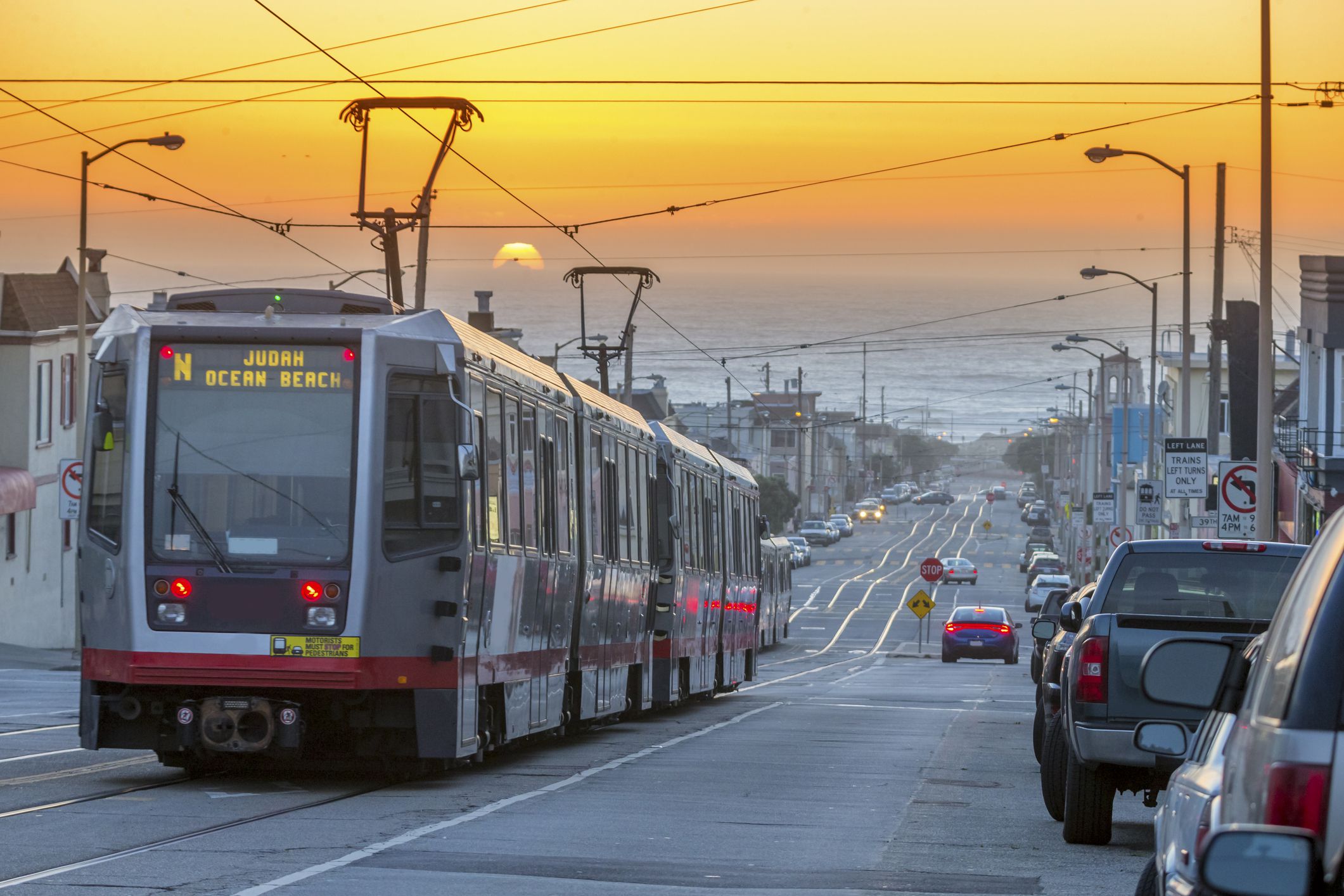 san francisco light rail at sunset