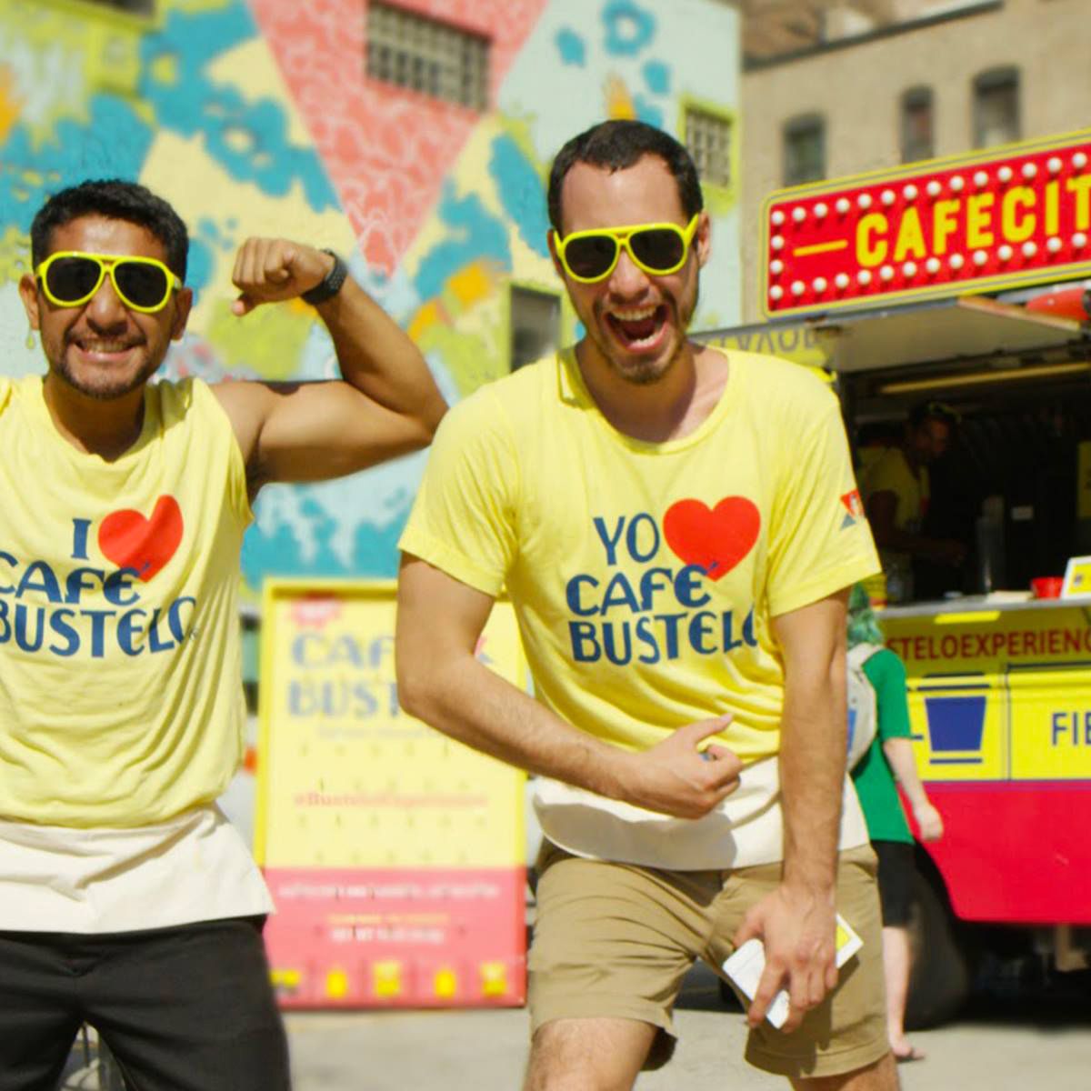 Young men wearing Café Bustelo shirts