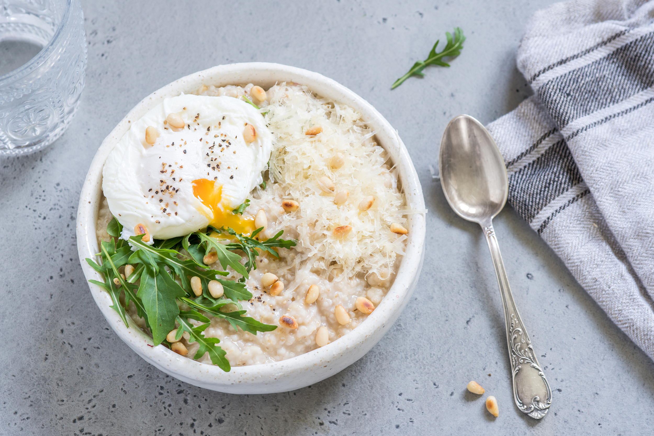 Savory oatmeal with cheese and an egg