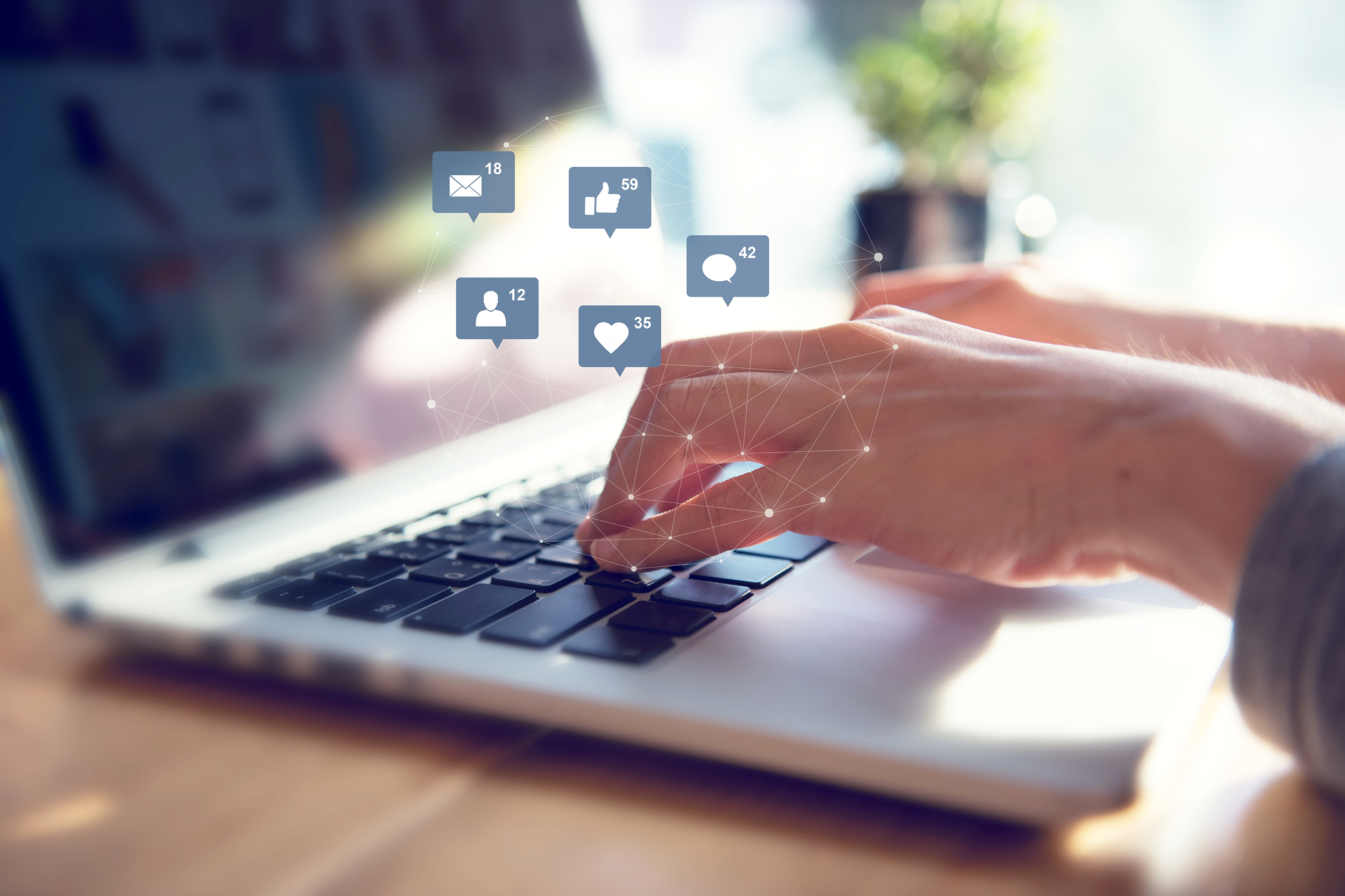 Hands typing on a laptop with personal data icons shown above