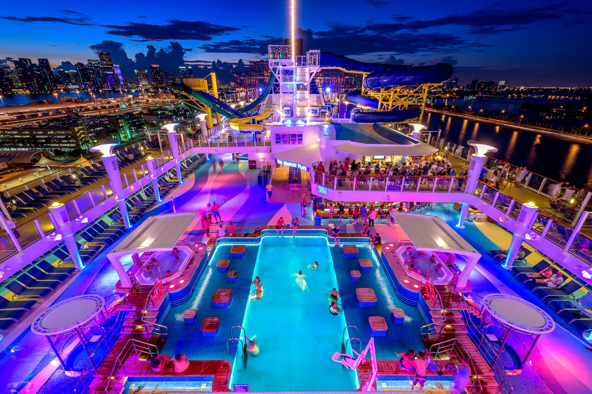 View of top of cruise ship at night