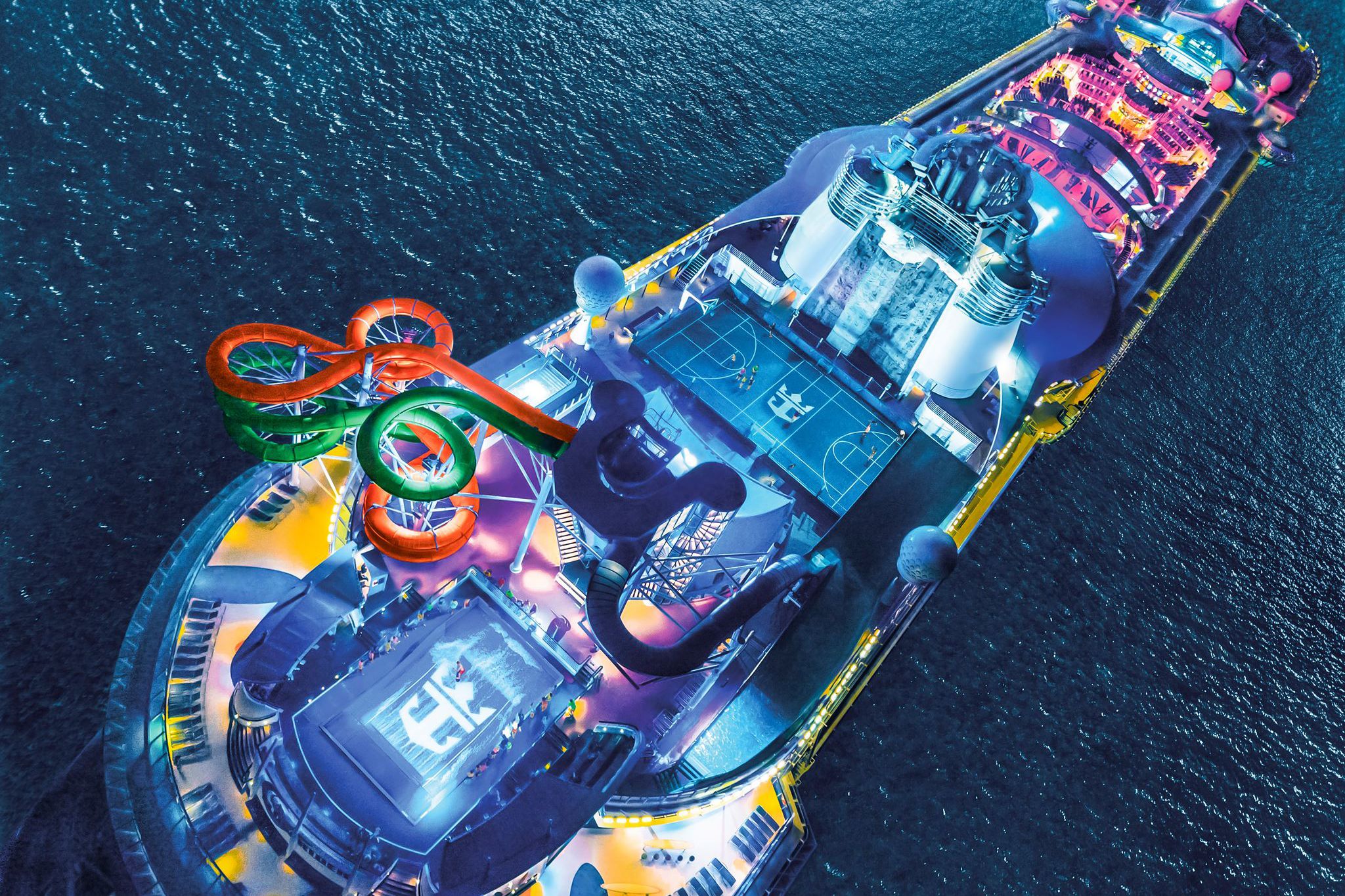 Cruise ship with neon lights at night