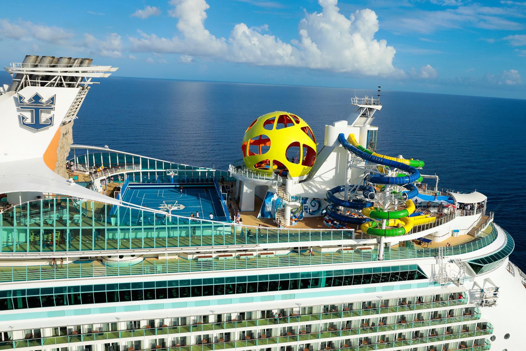 View of water slides on top of a cruise ship