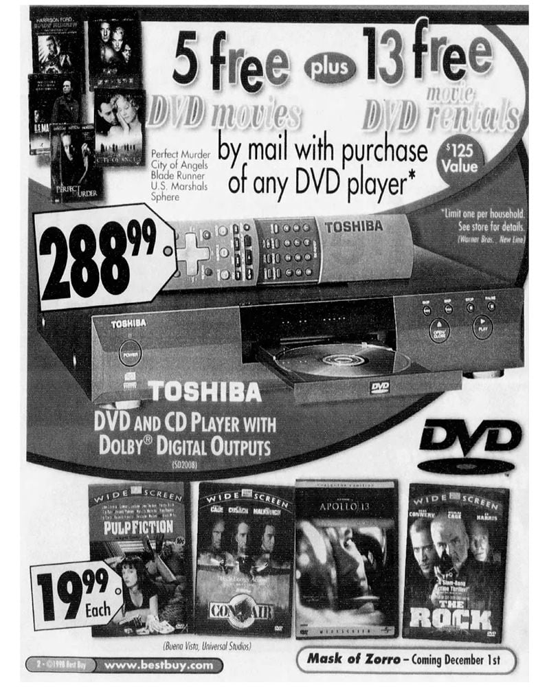 1998 — Toshiba DVD Player for $288 At Best Buy