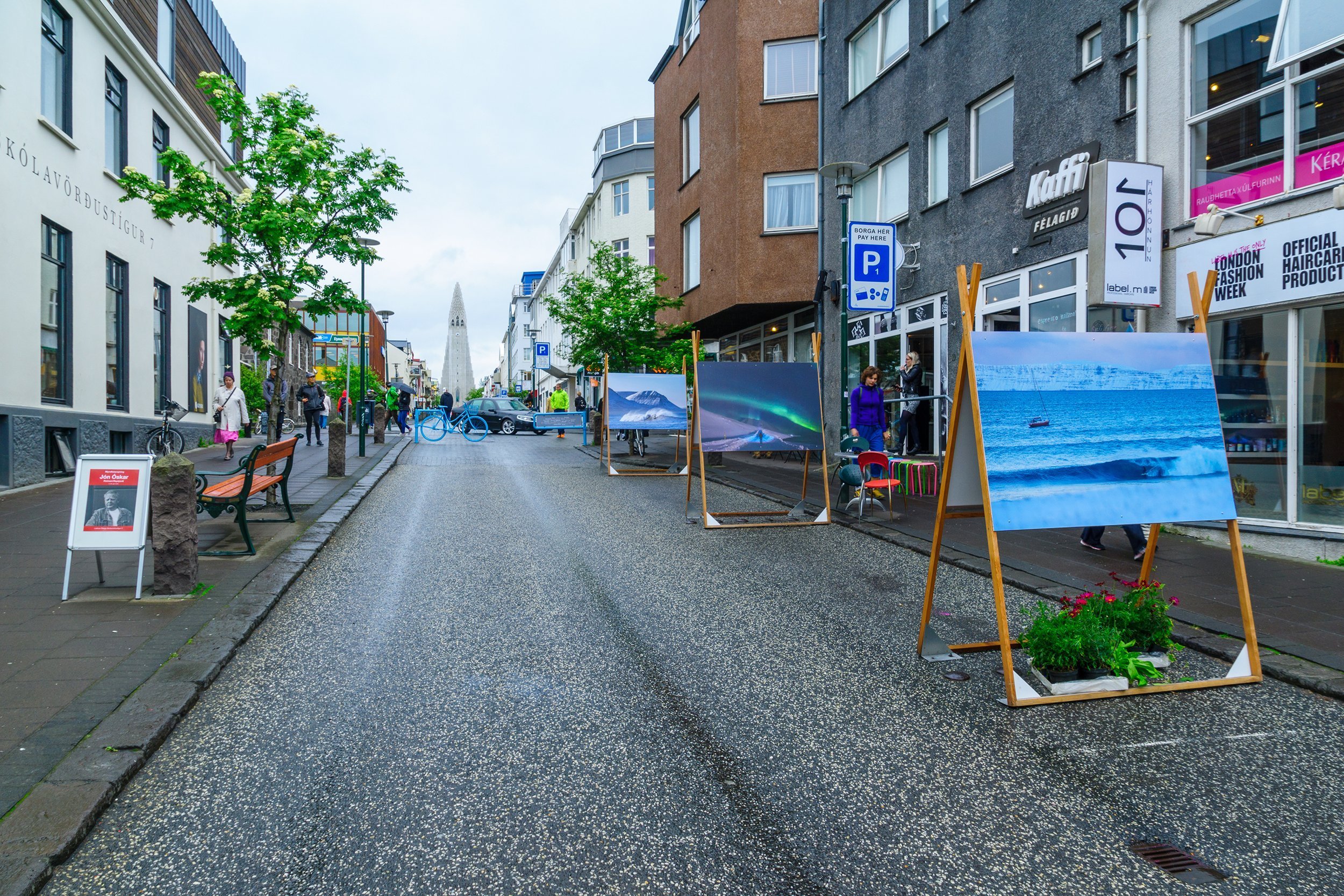street in Reykjavík with Hallgrimskirkja church in background