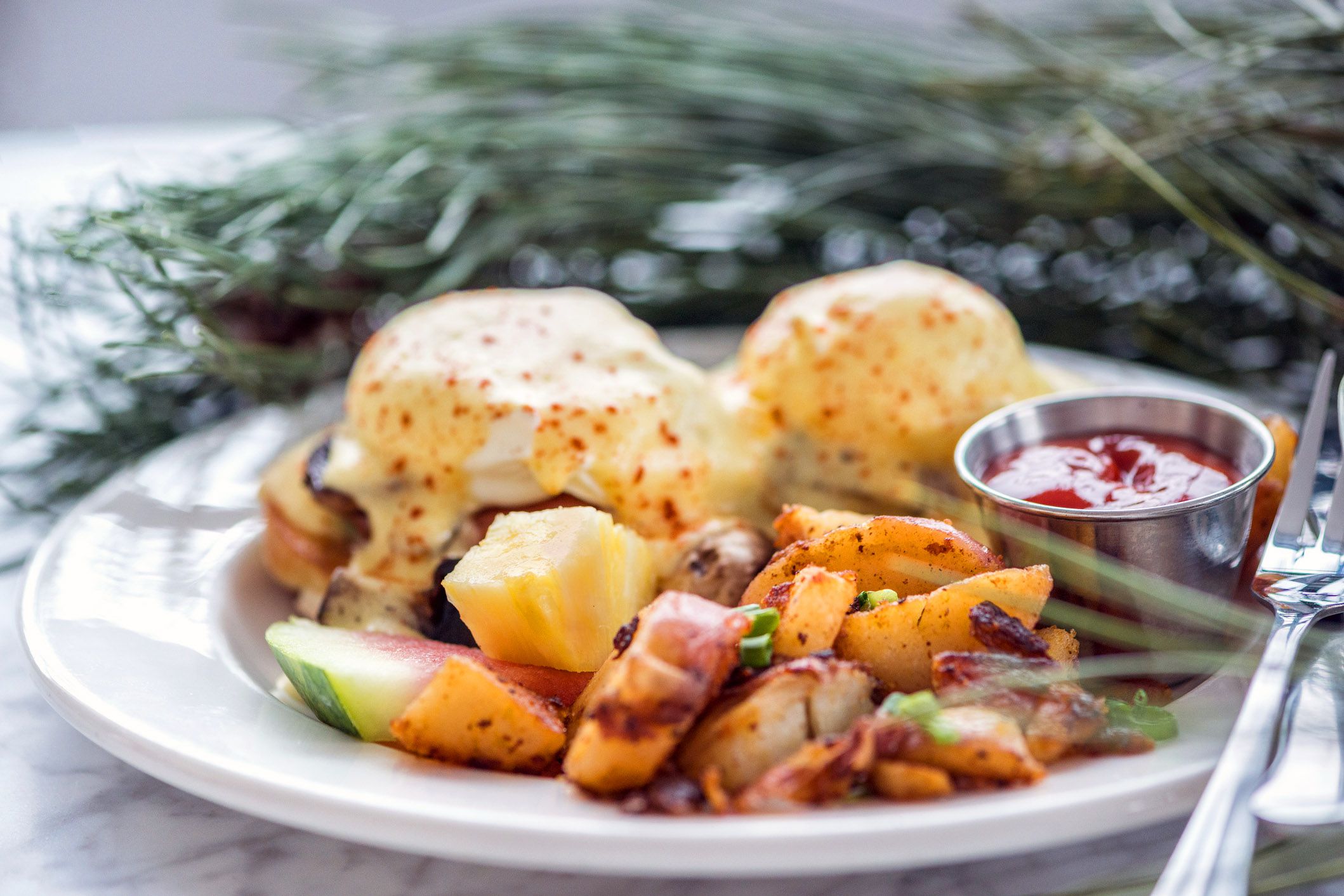 christmas brunch of eggs benedict, mushrooms, hash browns, and fruit