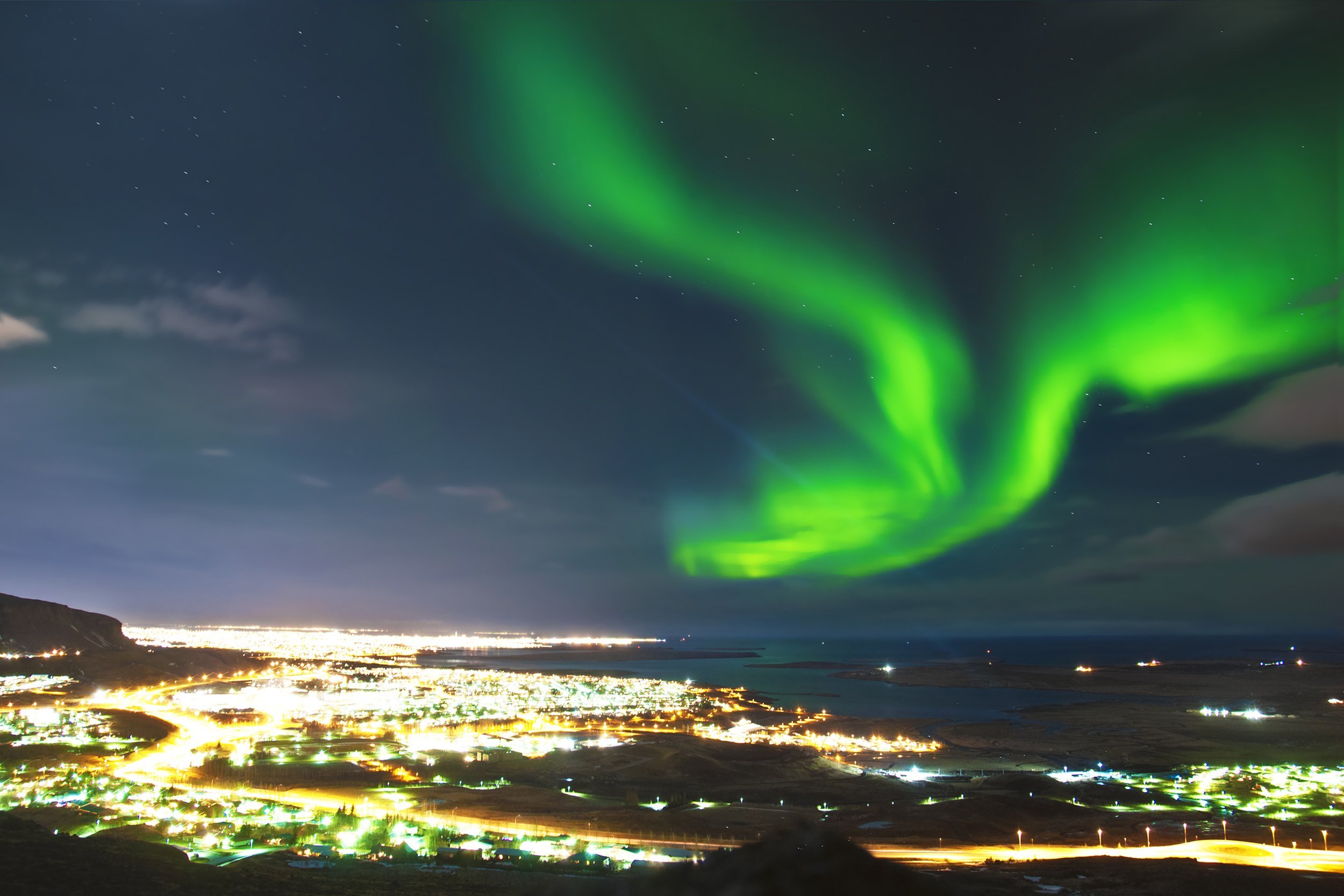 northern lights above Reykjavik, Iceland
