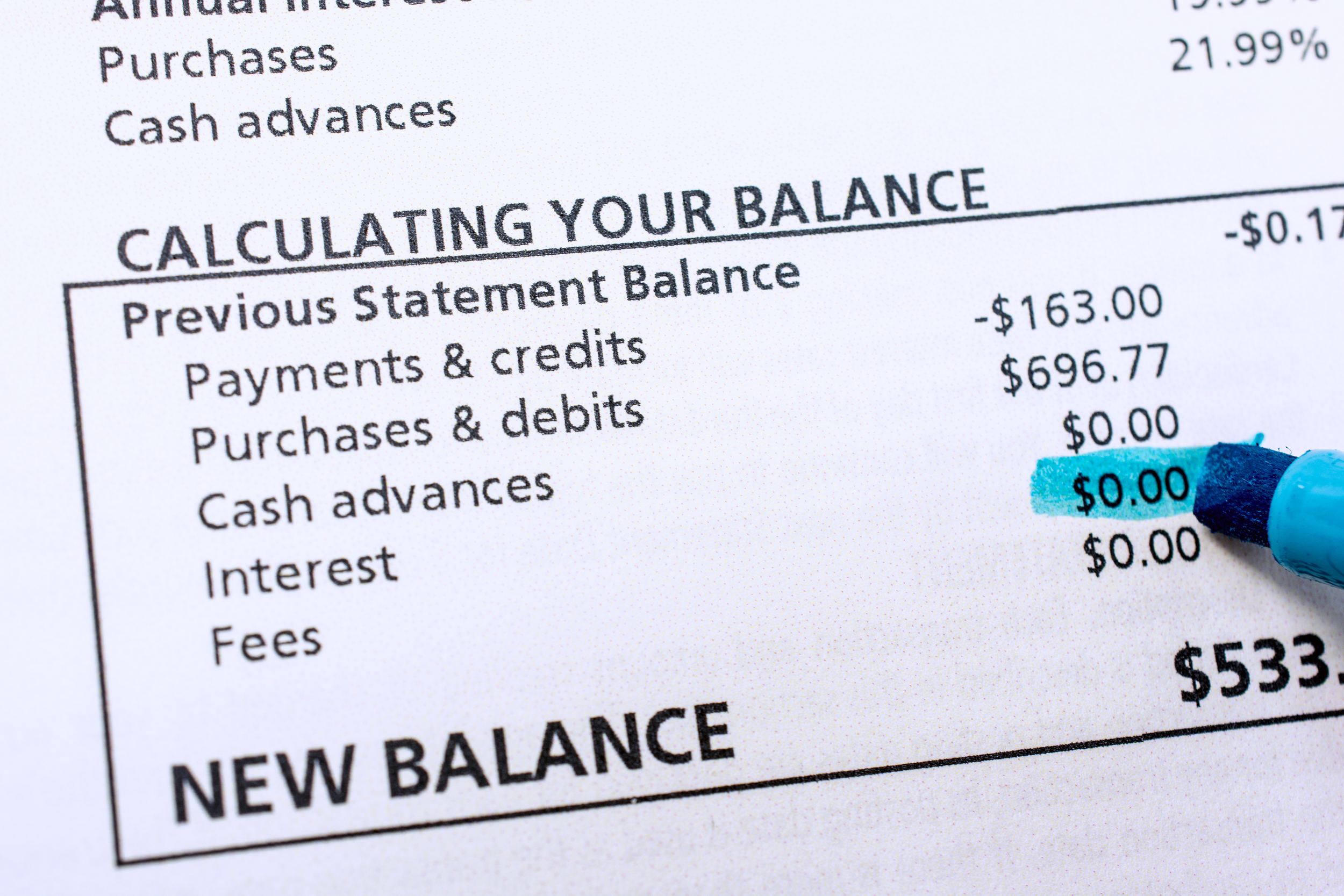 Credit card statement with no interest or balance due