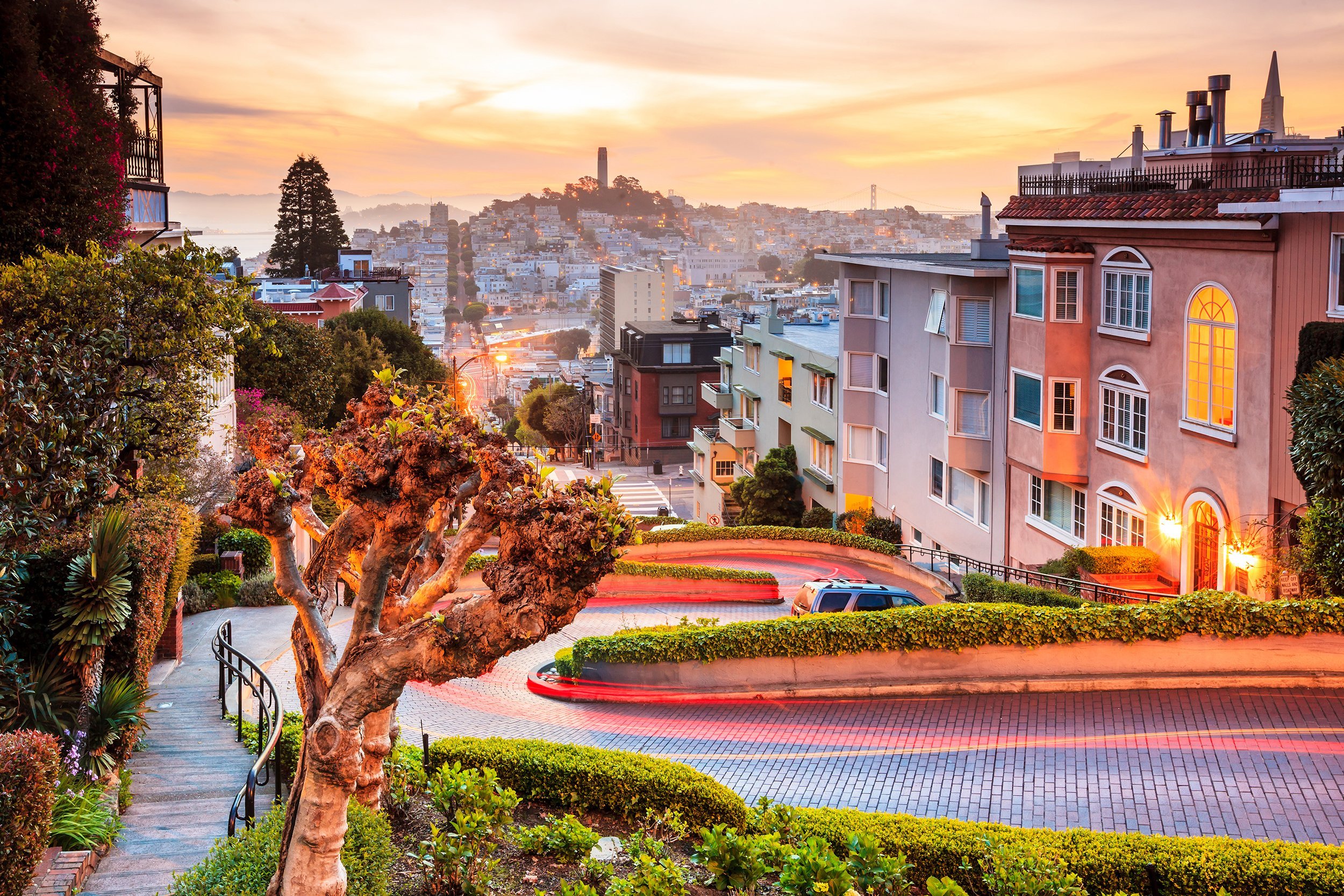 Lombard Street in San Francisco at sunrise