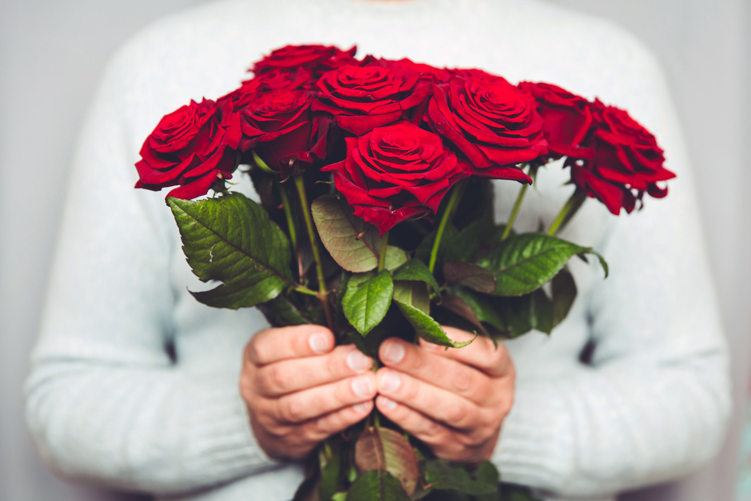 Closeup of man holding bouquet of roses
