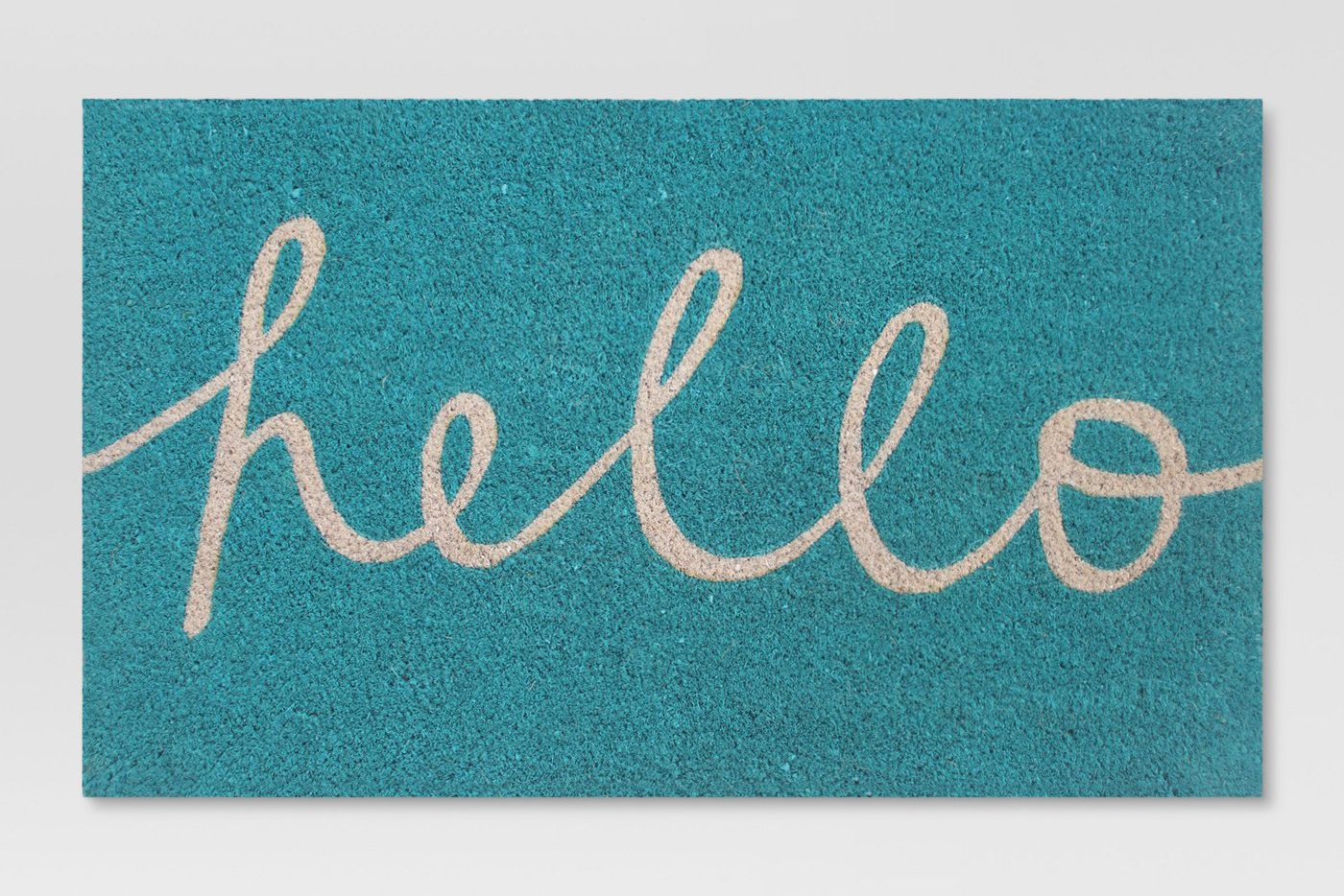 blue hello cursive doormat