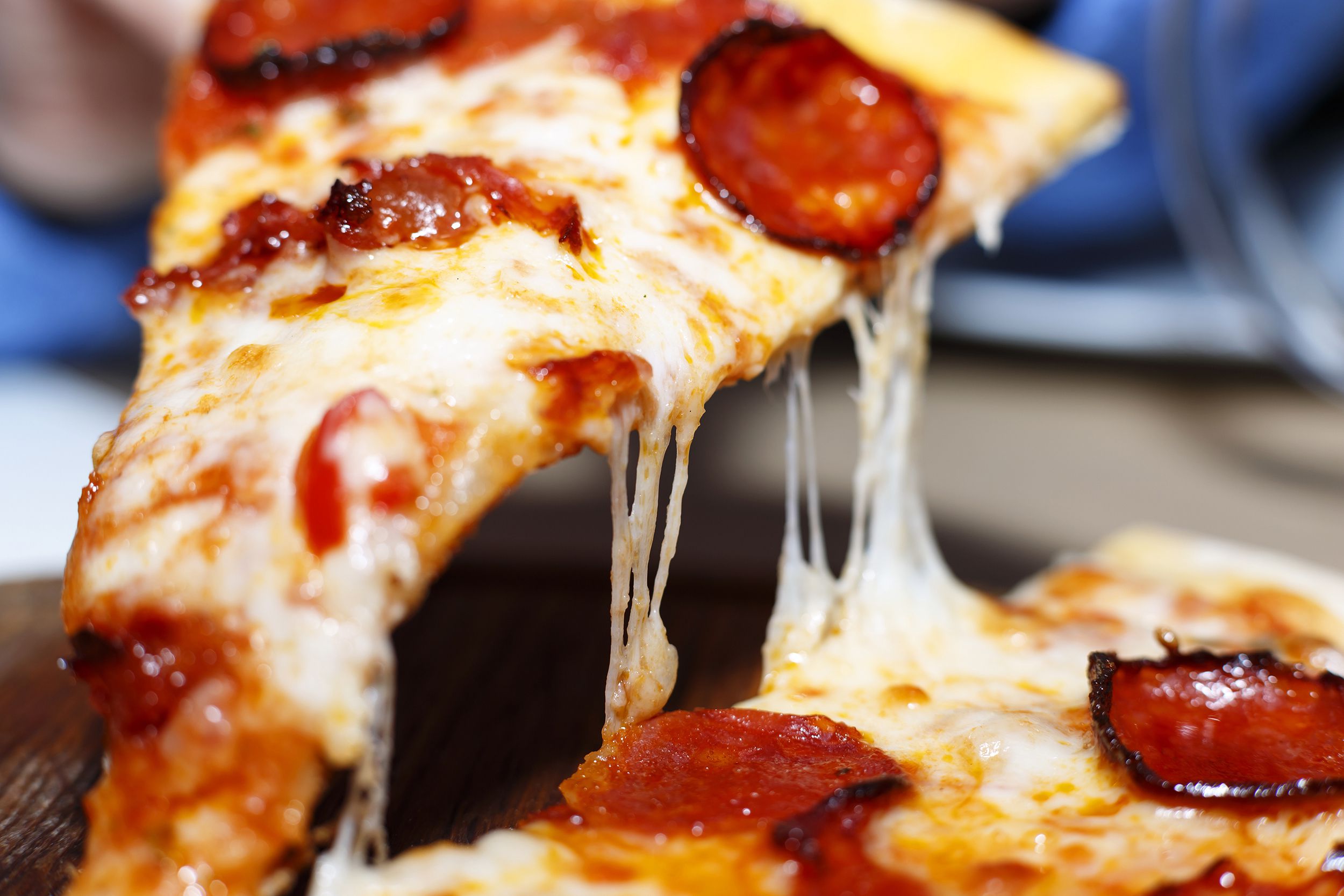 Closeup of a slice of pepperoni pizza