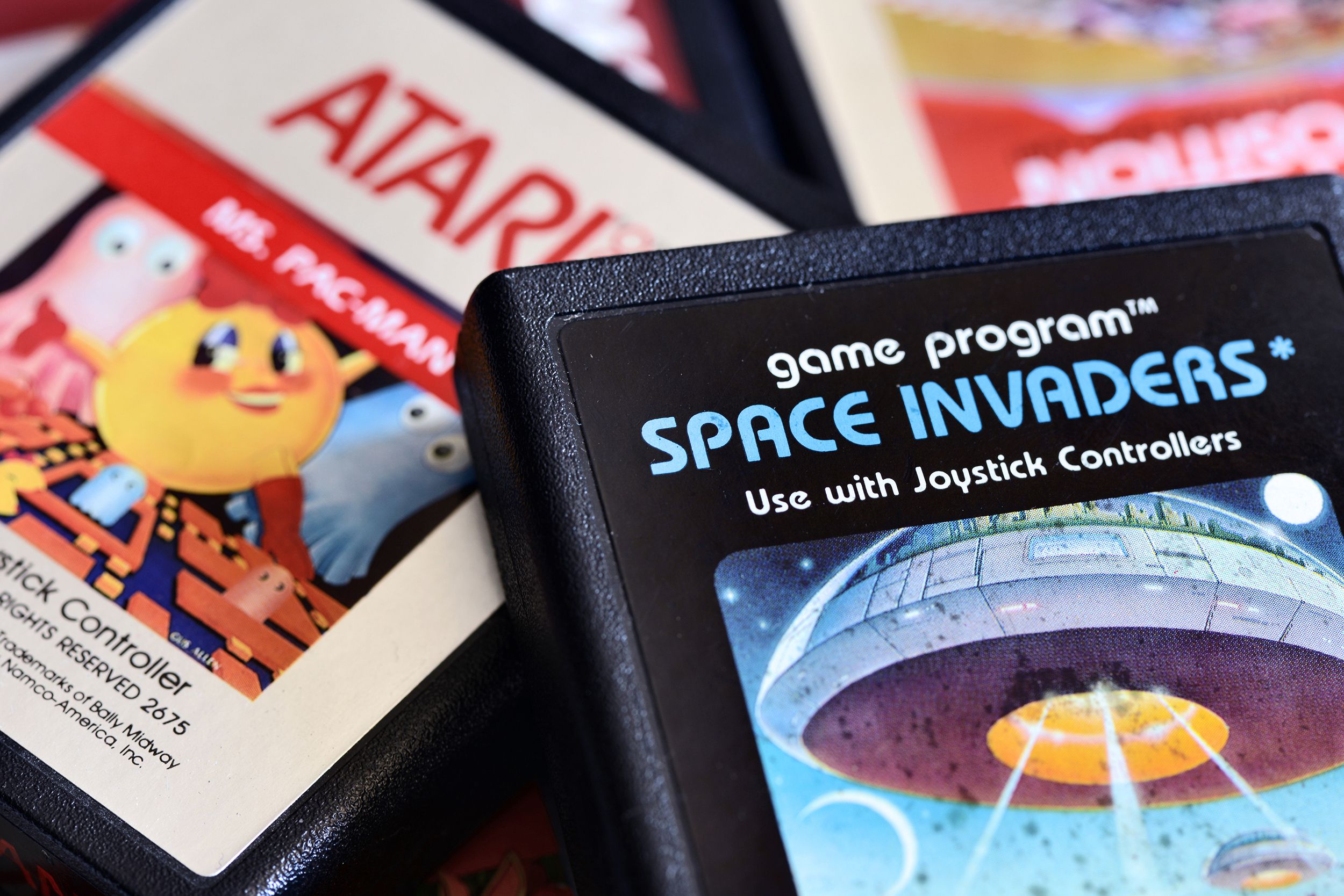 close up on vintage Atari 2600 video game cartridges