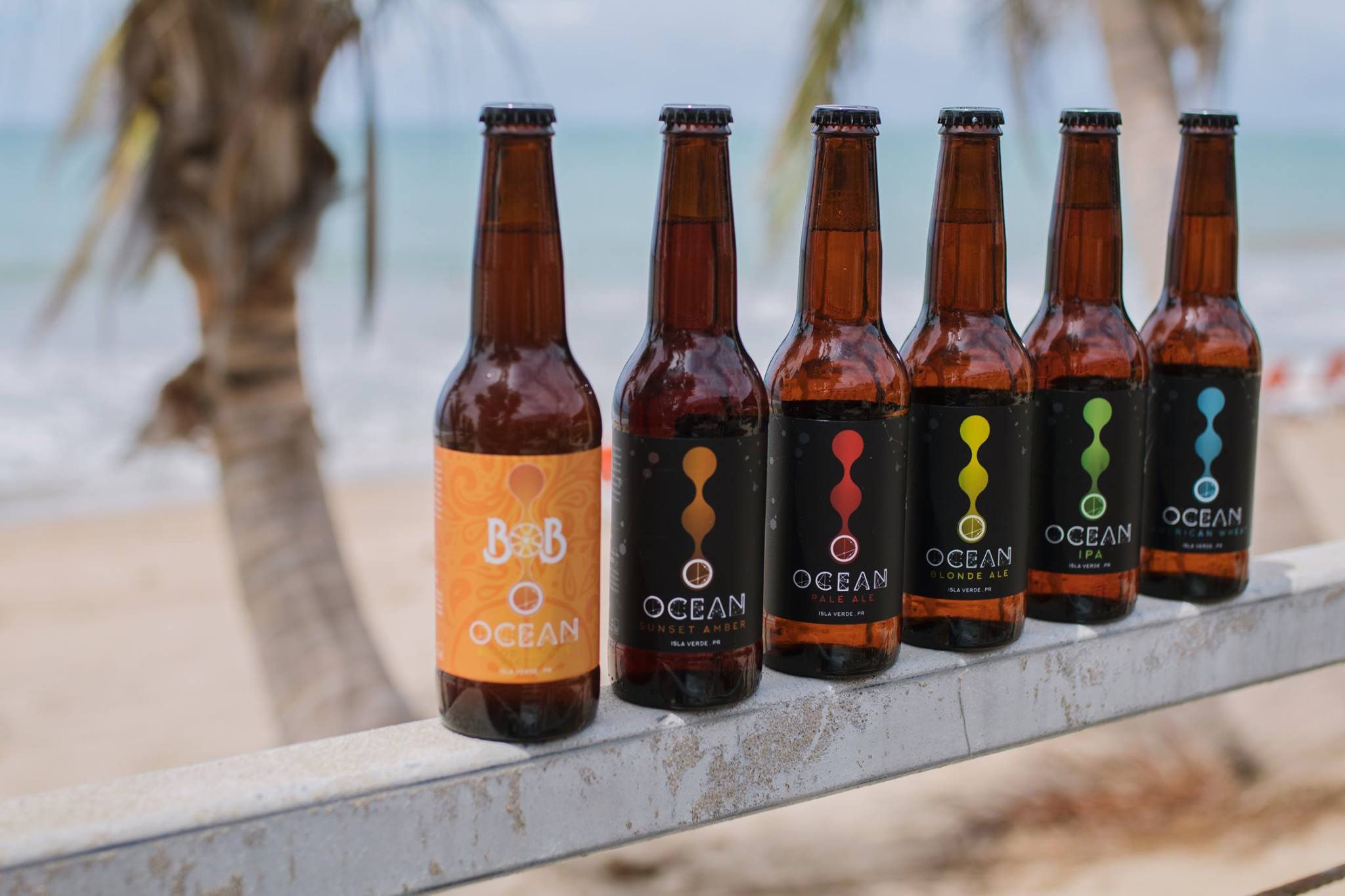 ocean lab bottles lined up, beach in background