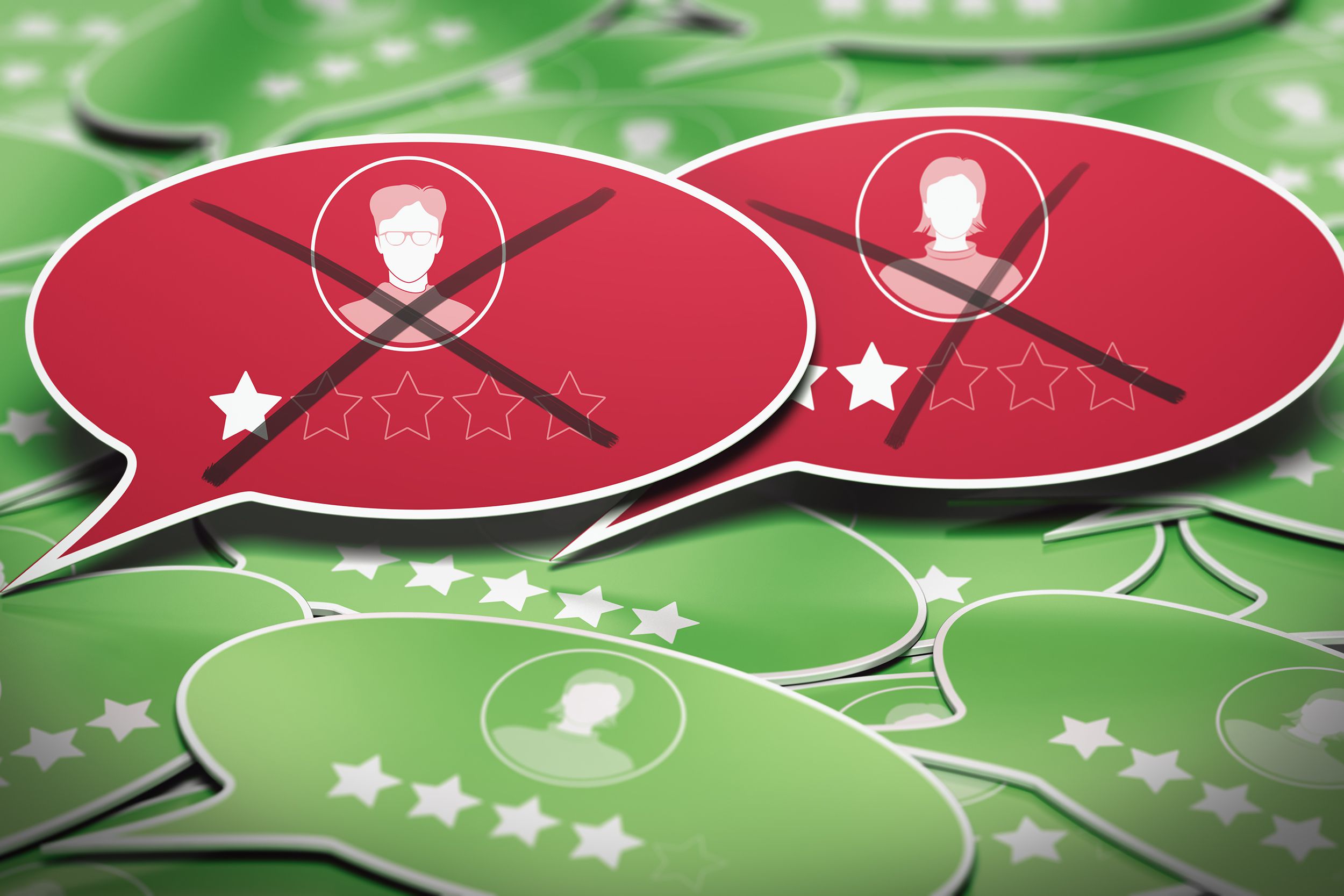 paper cut outs of reviews, two negative, rest are positive