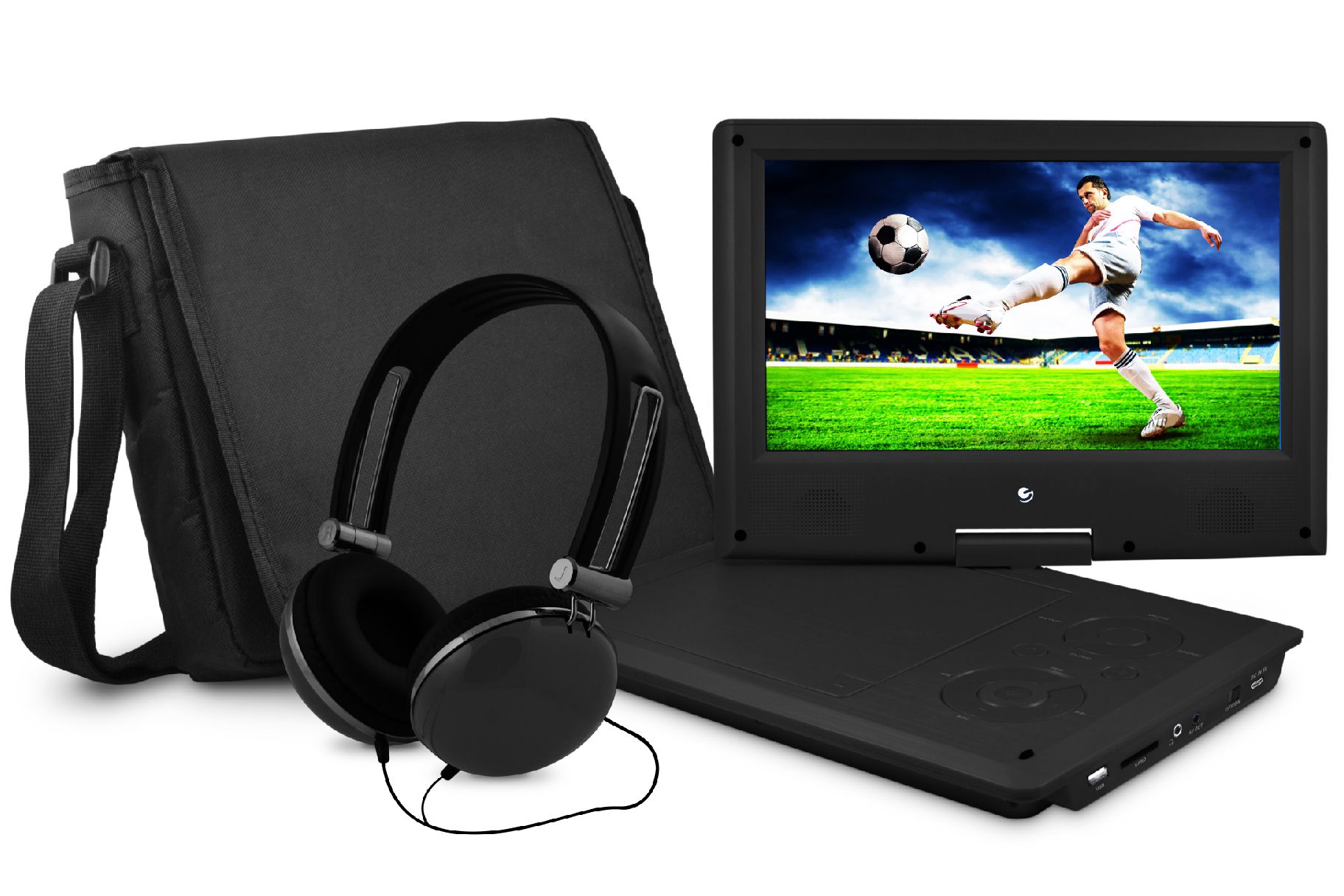 ematic 9-inch portable dvd player with matching headphones and bag