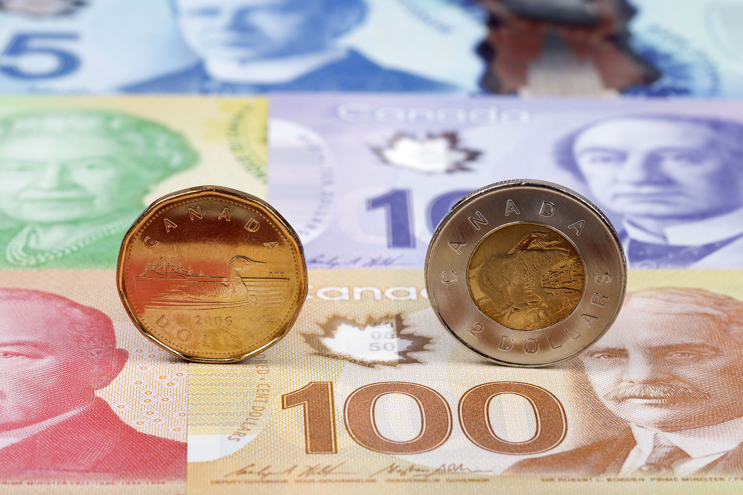 Canadian Dollar coins on the background of banknote