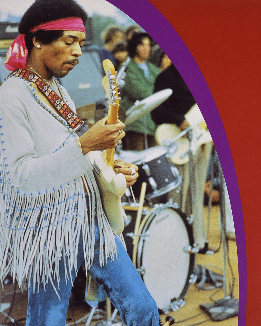Jimi Hendrix playing at Woodstock on vintage album