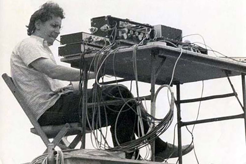 Bill Hanley tinkering with the sound system at Woodstock