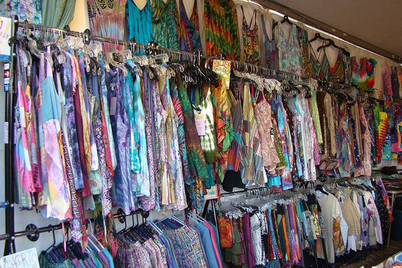 large wall of Blue Sky clothing and tie dyes in Sunshine Octopus, Delaware