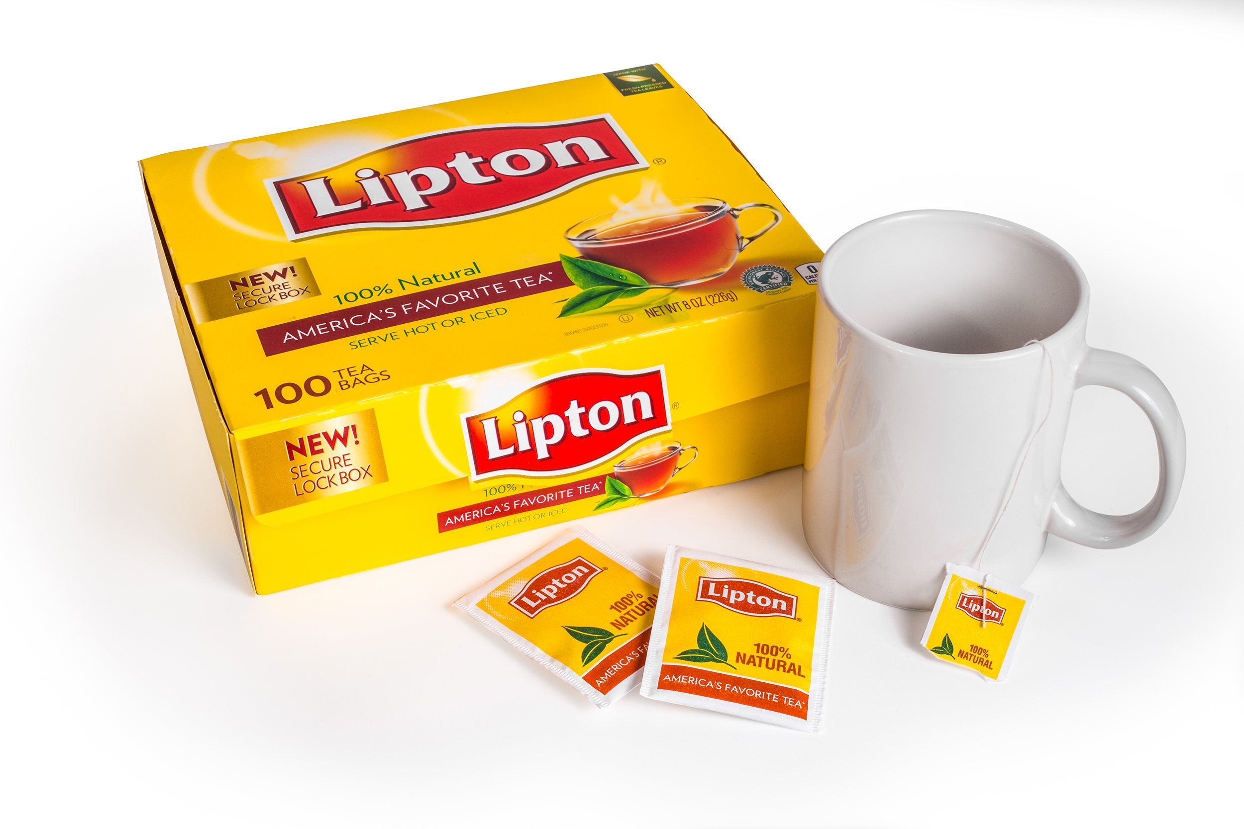 box of Lipton Tea with teabags and cup