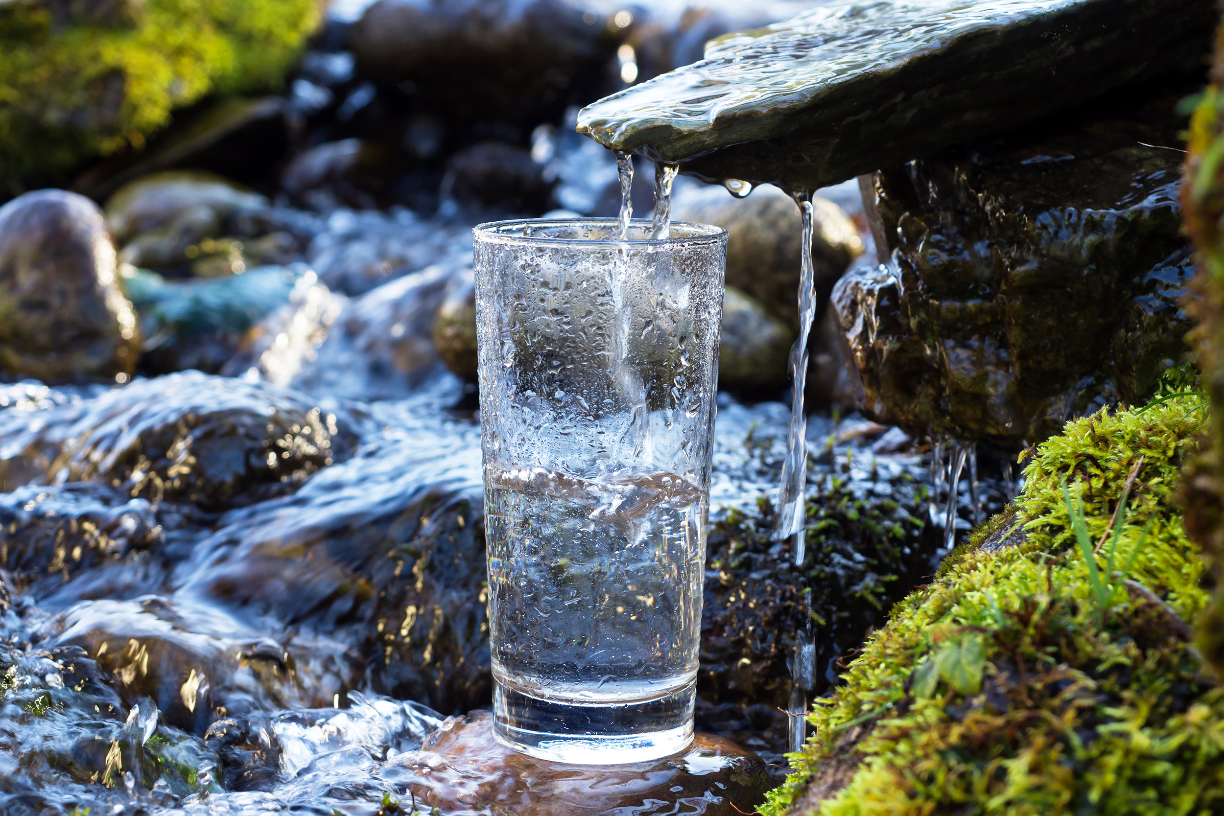 Fresh water from a stream pouring into a glass