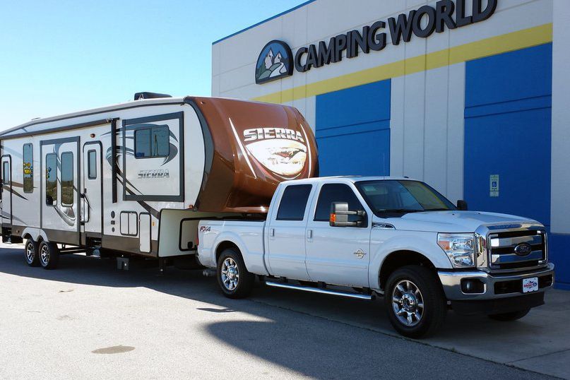 RV parked in parking lot of Camping World