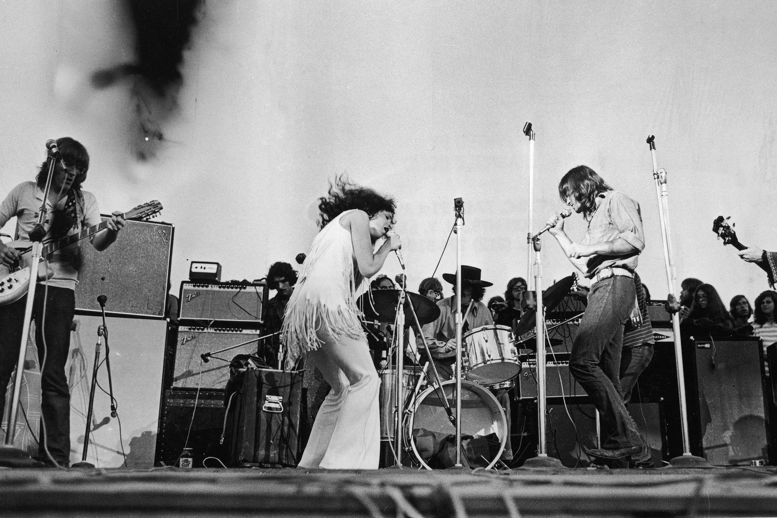 1969, Singer Grace Slick performs with the American rock group Jefferson Airplane at Woodstock music festival.