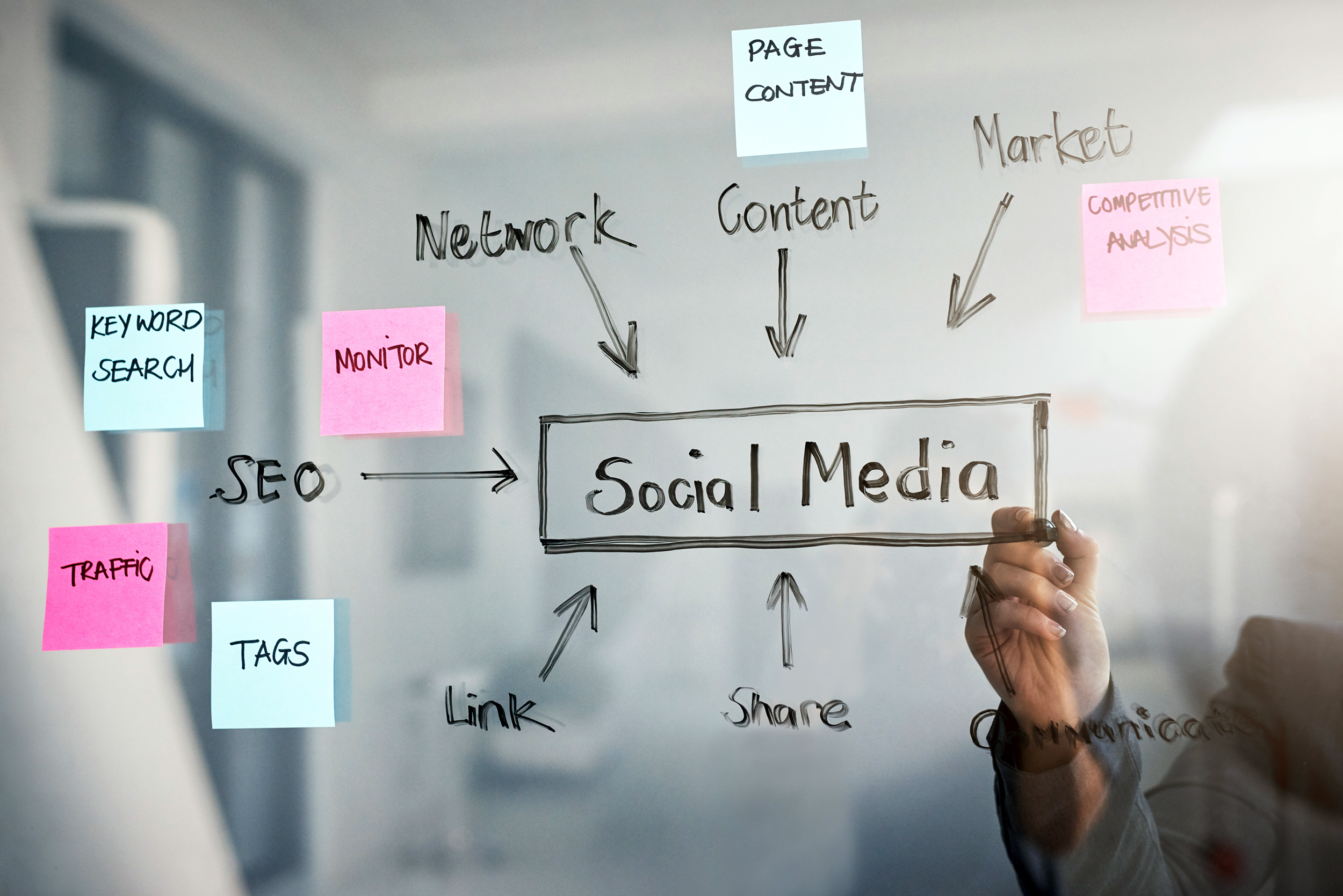 Social media strategy written on a clear window in an office
