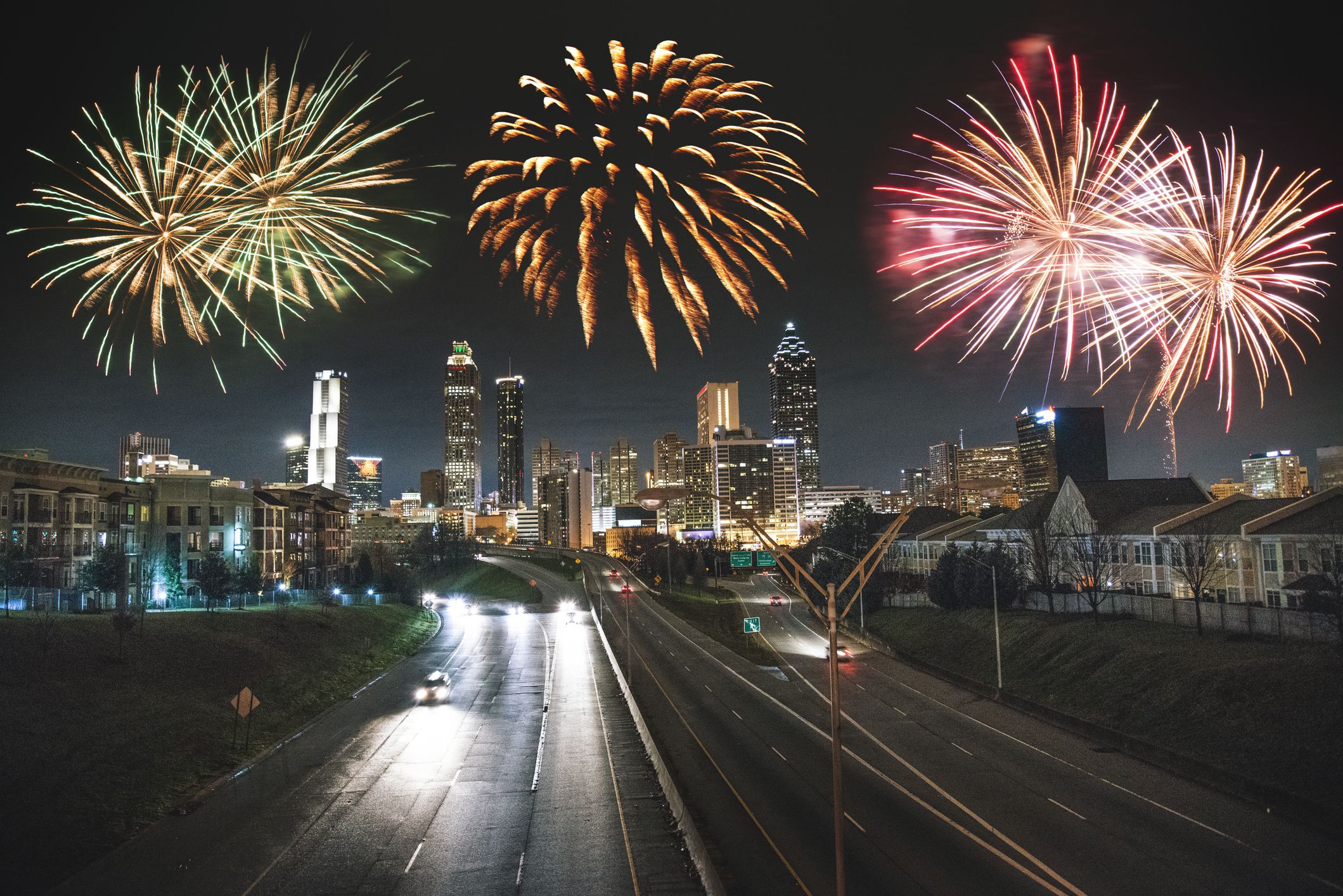 atlanta skyline with fireworks