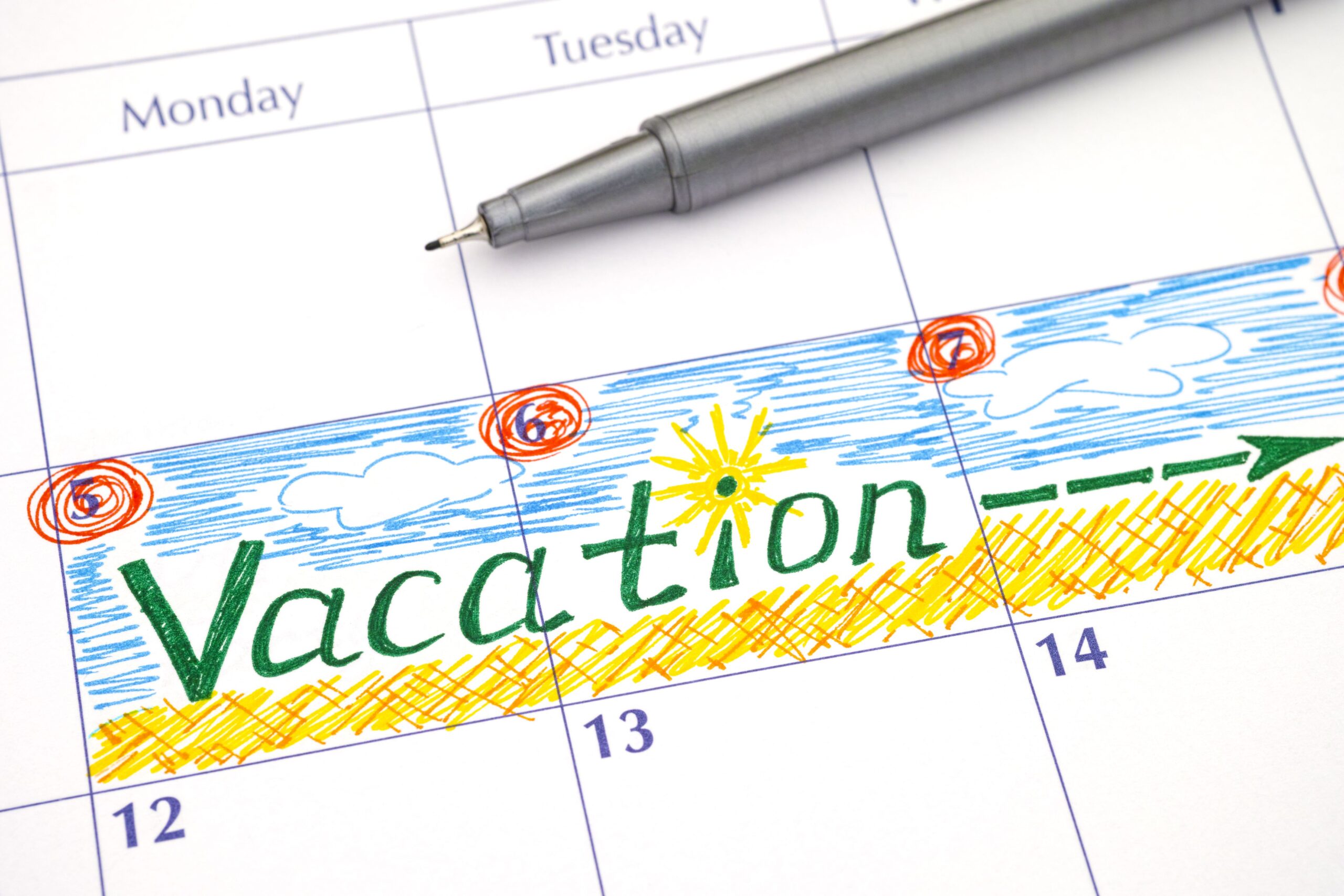 vacation marked out with pen drawing in calendar