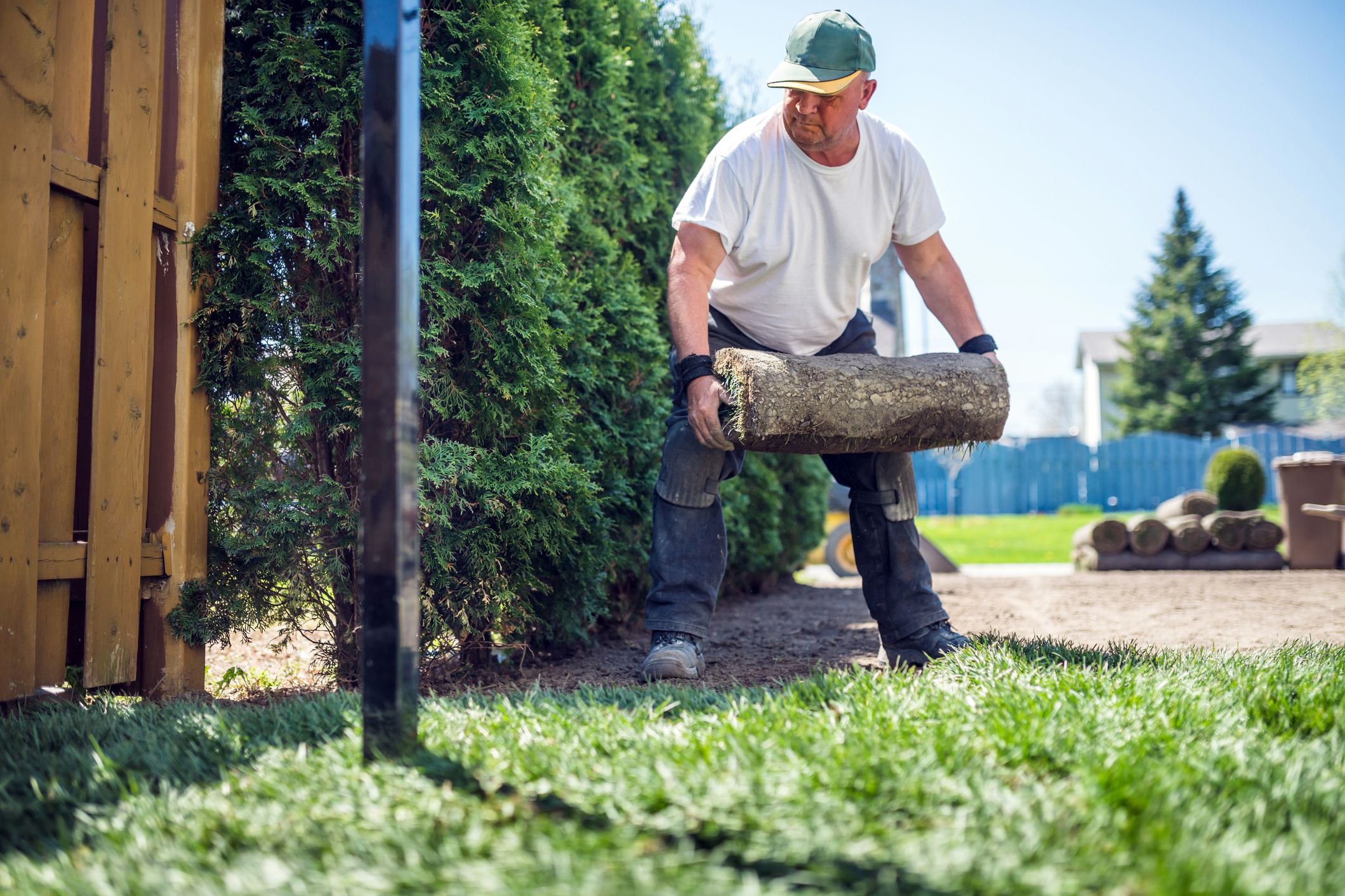 man laying sod for new lawn